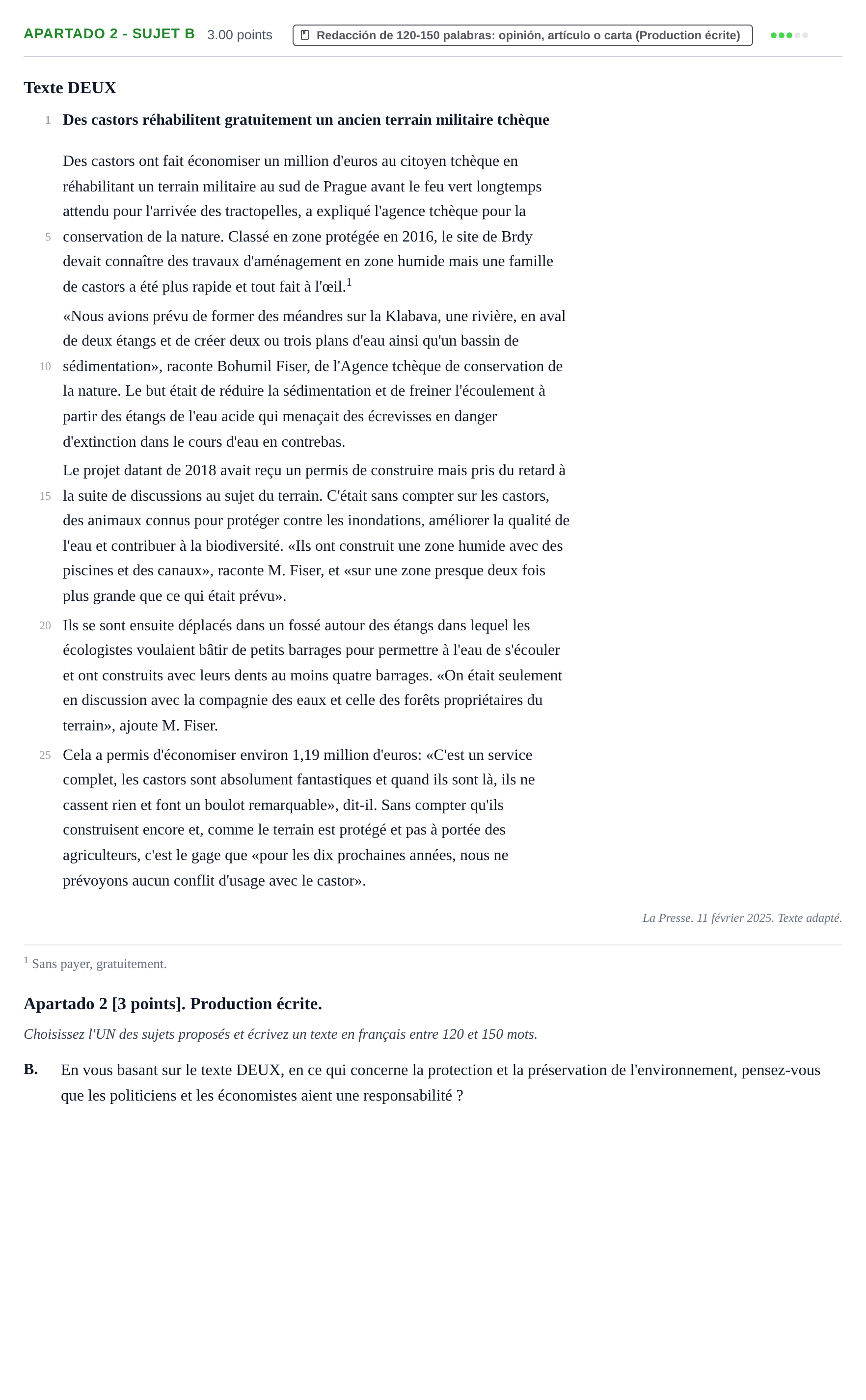 Enunciado: Apartado 2 - Sujet B · Francés PAU Cantabria Ordinaria 2025
