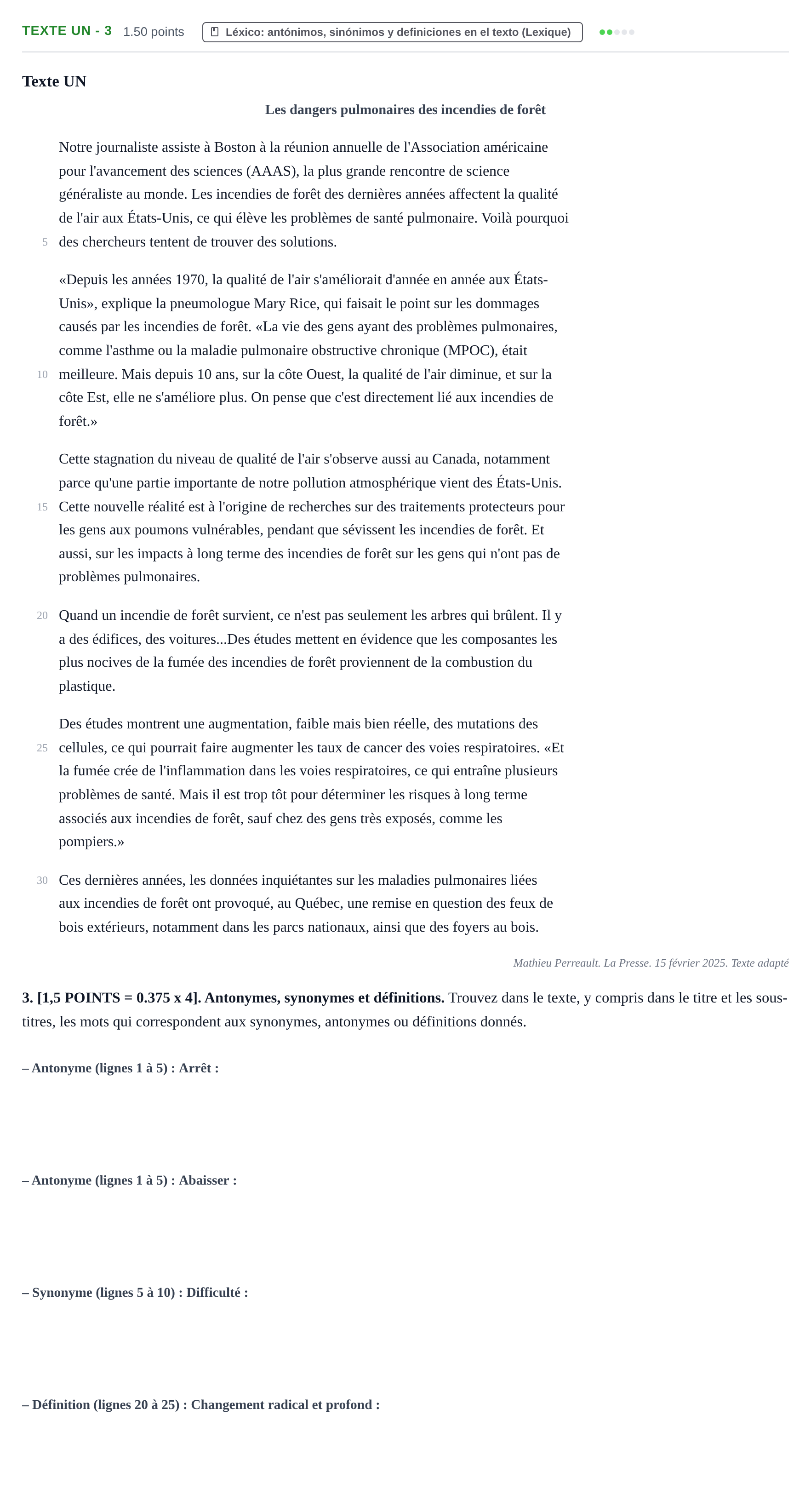 Enunciado: Ejercicio Texte UN - 3 · Francés PAU Cantabria Ordinaria 2025