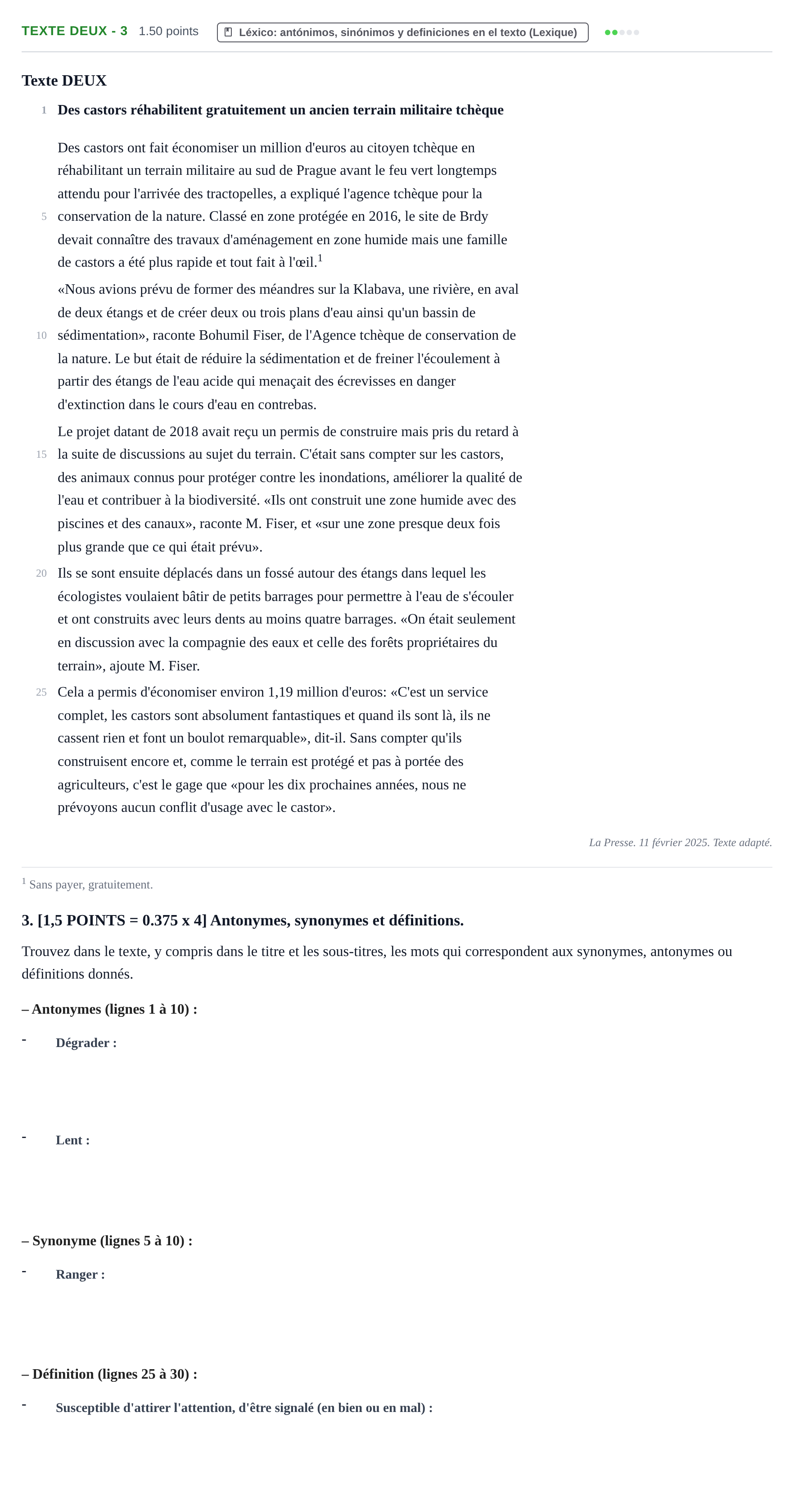Enunciado: Ejercicio Texte DEUX - 3 · Francés PAU Cantabria Ordinaria 2025