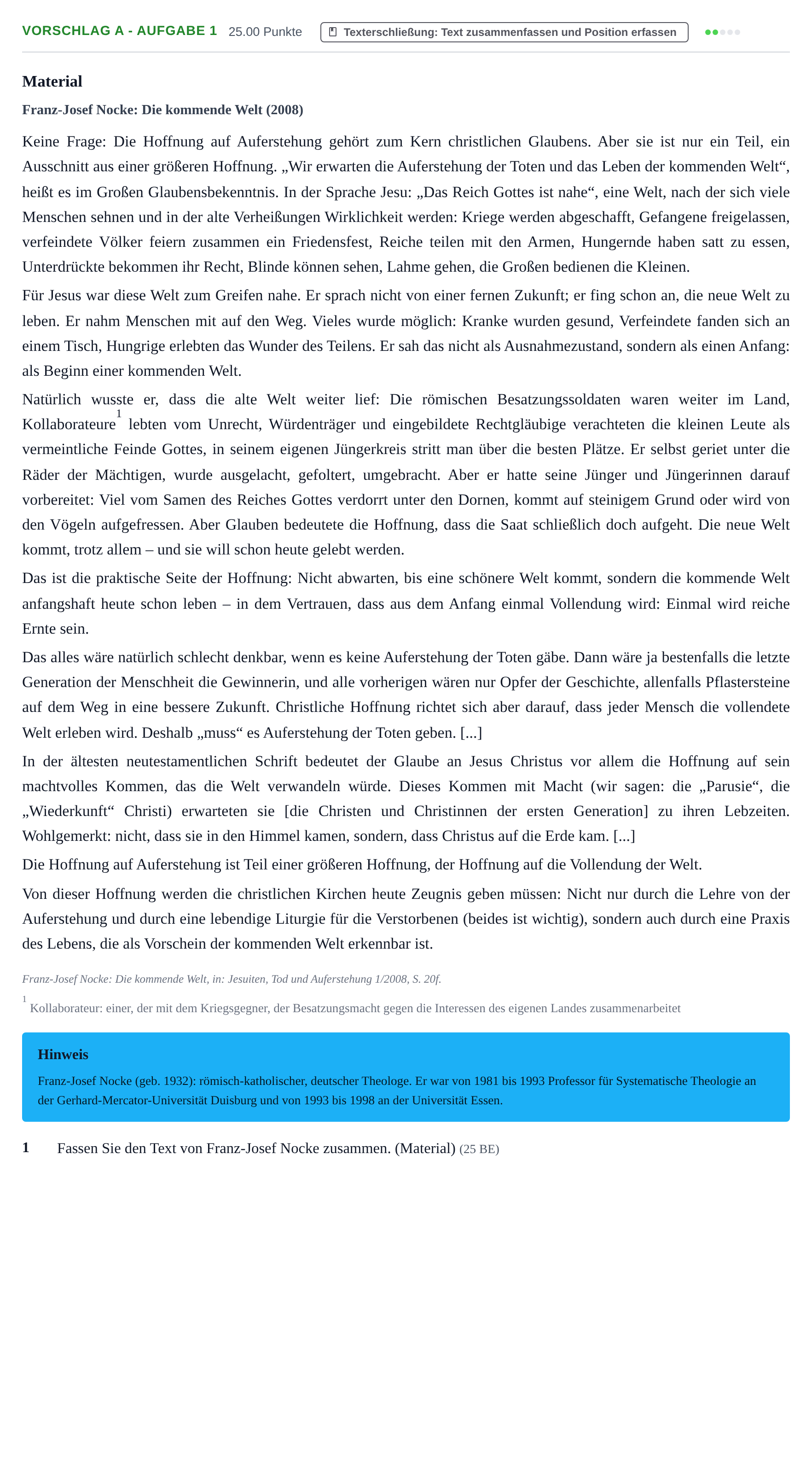 Aufgabenstellung: Aufgabe Vorschlag A - Aufgabe 1 · Abitur Hessen Katholische Religion GK 2022