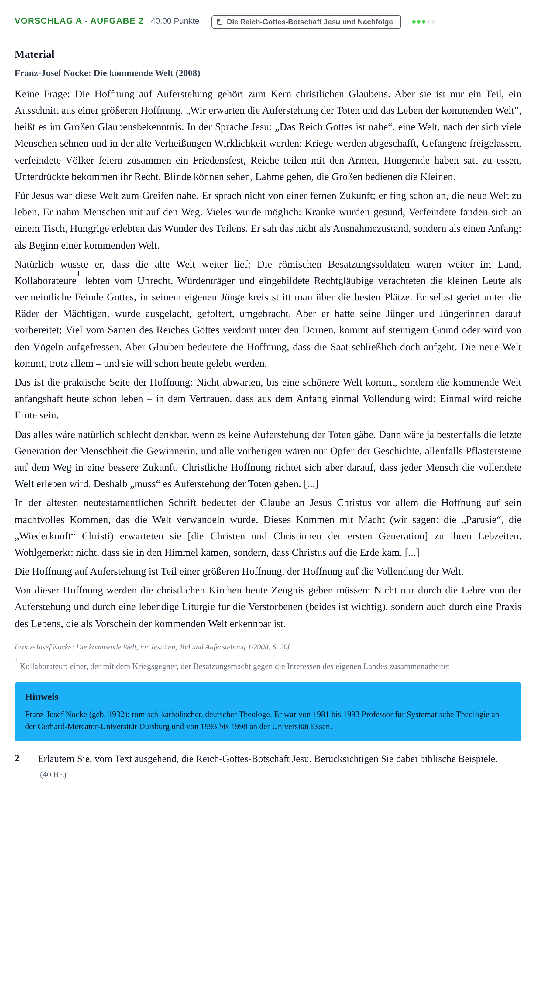 Aufgabenstellung: Aufgabe Vorschlag A - Aufgabe 2 · Abitur Hessen Katholische Religion GK 2022