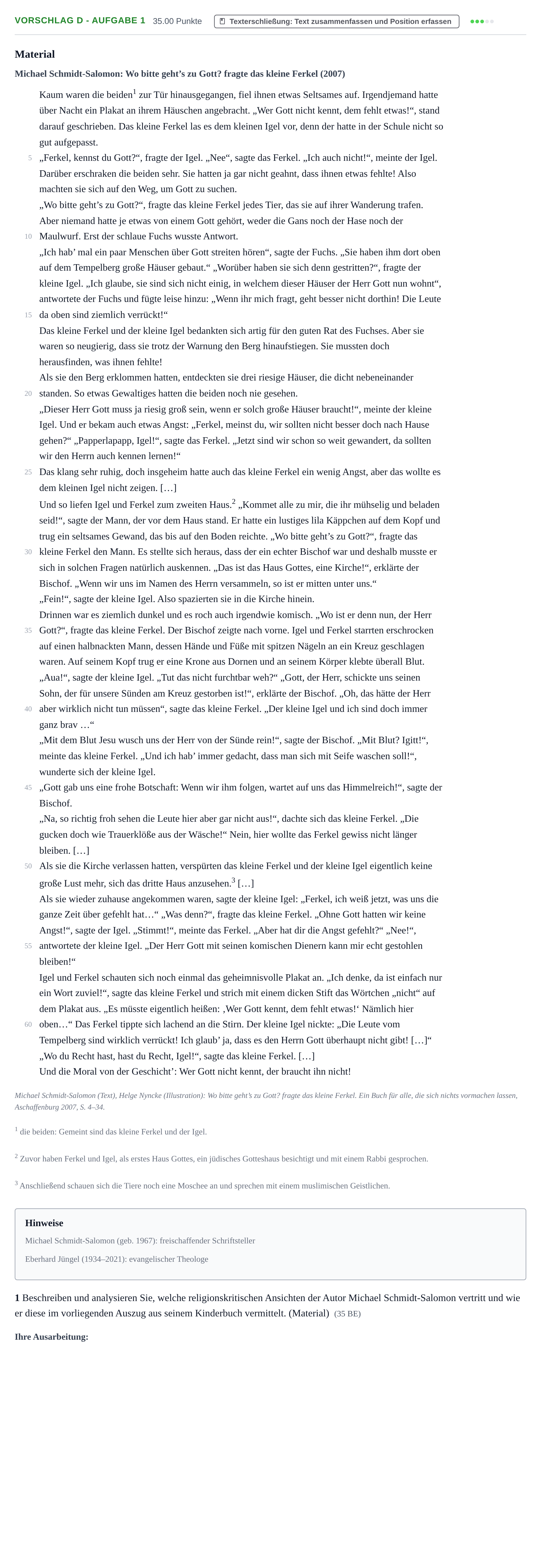 Aufgabenstellung: Aufgabe Vorschlag D - Aufgabe 1 · Abitur Hessen Katholische Religion GK 2022