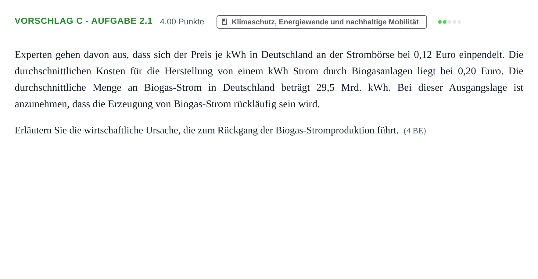 Aufgabenstellung: Aufgabe Vorschlag C - Aufgabe 2.1 · Abitur Hessen Umweltökonomie GK 2022