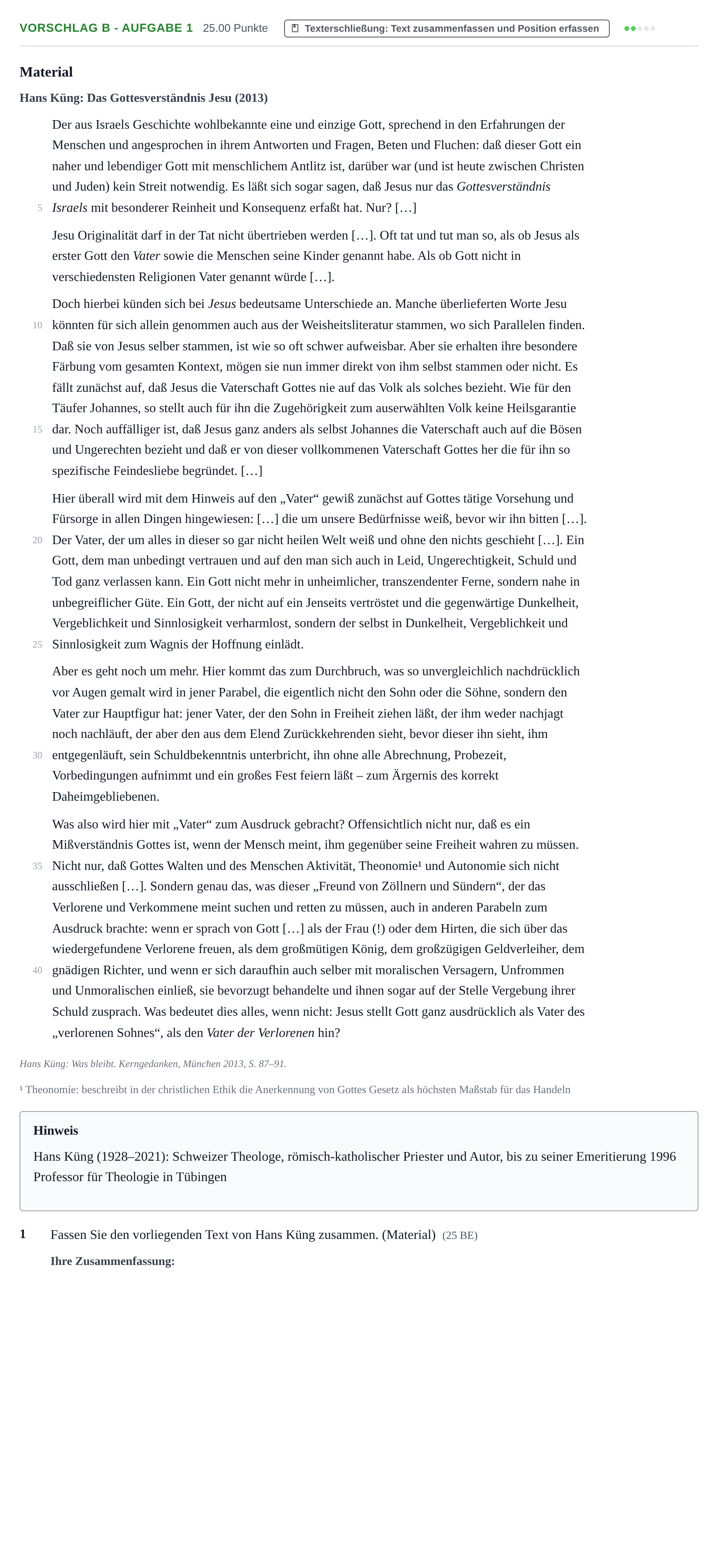 Aufgabenstellung: Aufgabe Vorschlag B - Aufgabe 1 · Abitur Hessen Katholische Religion LK 2022