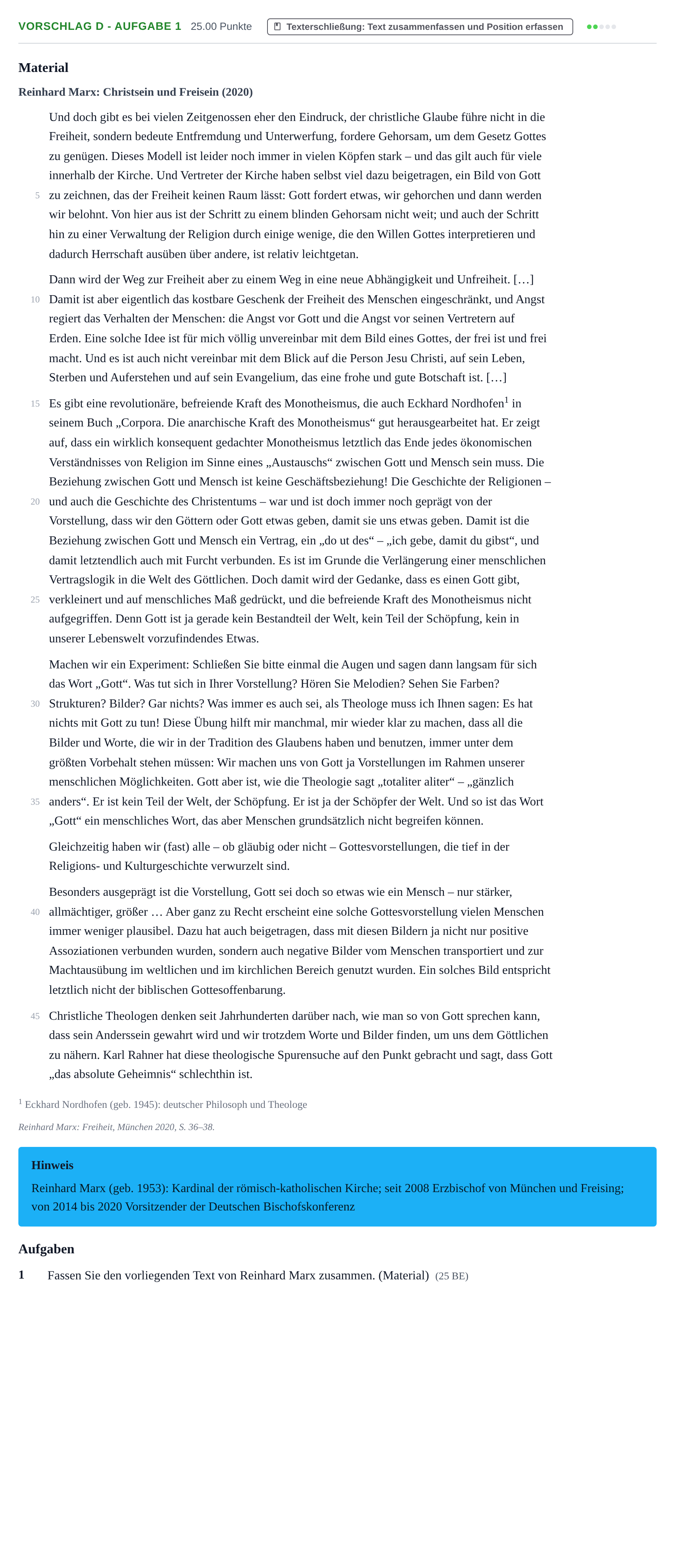 Aufgabenstellung: Aufgabe Vorschlag D - Aufgabe 1 · Abitur Hessen Katholische Religion LK 2022