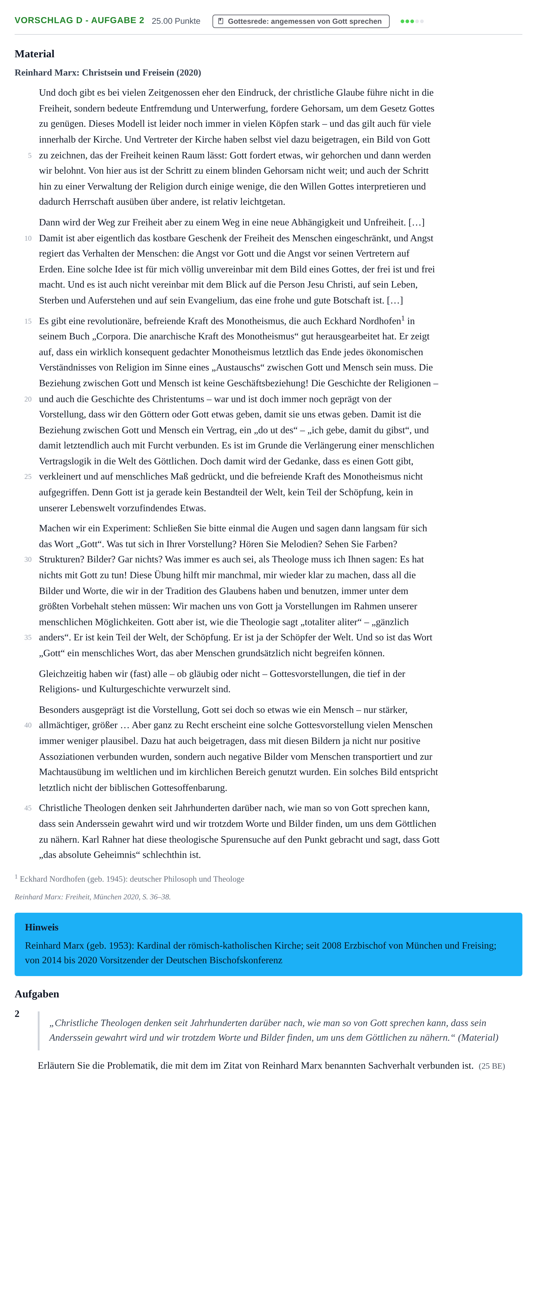 Aufgabenstellung: Aufgabe Vorschlag D - Aufgabe 2 · Abitur Hessen Katholische Religion LK 2022