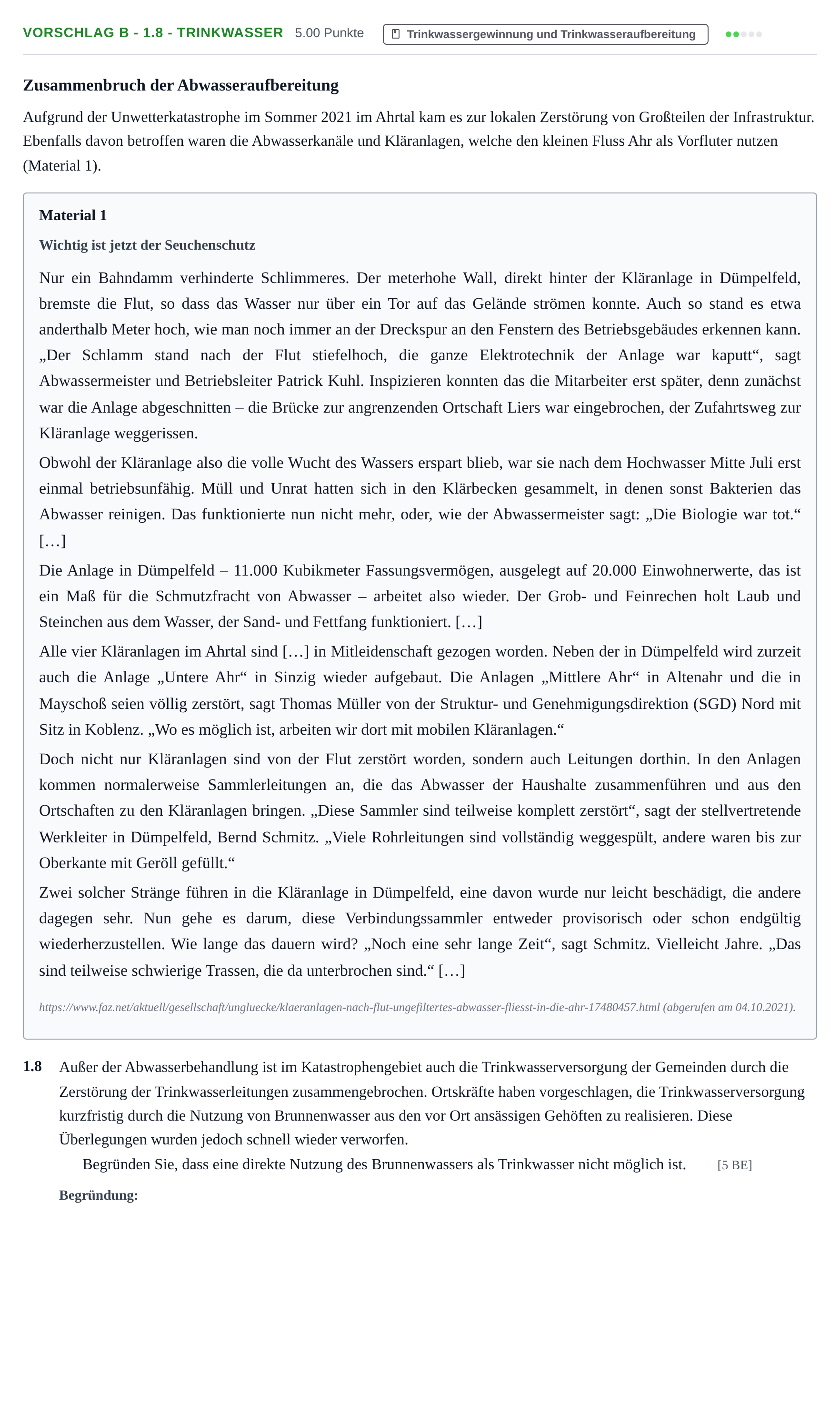 Aufgabenstellung: Aufgabe Vorschlag B - 1.8 - Trinkwasser · Abitur Hessen Umwelttechnik LK 2022