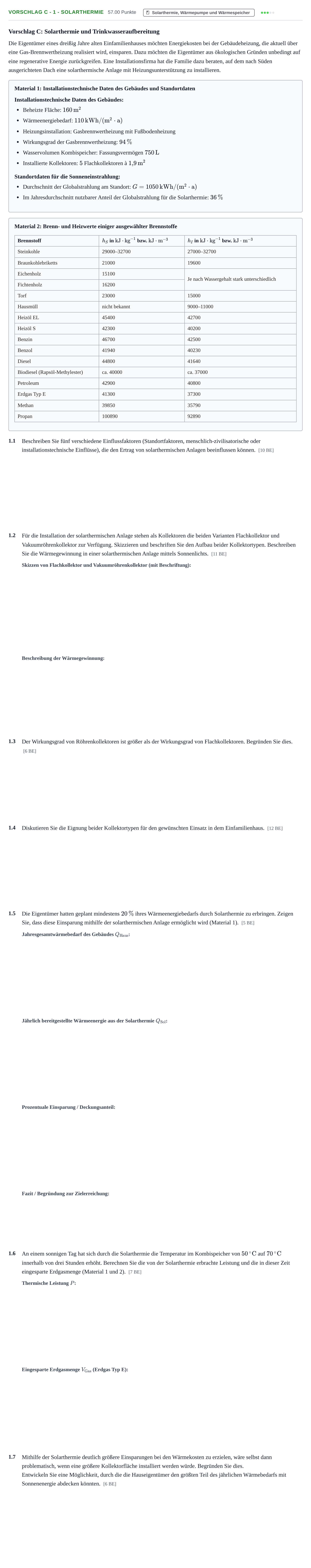 Aufgabenstellung: Aufgabe Vorschlag C - 1 - Solarthermie · Abitur Hessen Umwelttechnik LK 2022