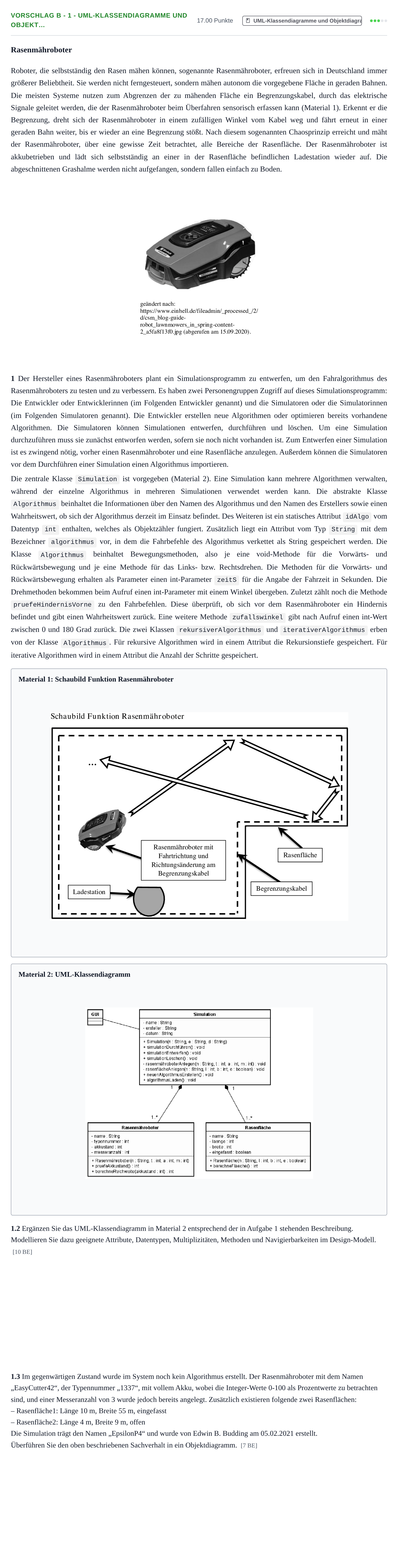Aufgabenstellung: Aufgabe Vorschlag B - 1 - UML-Klassendiagramme und Objekt… · Abitur Hessen Technische Informatik LK 2022