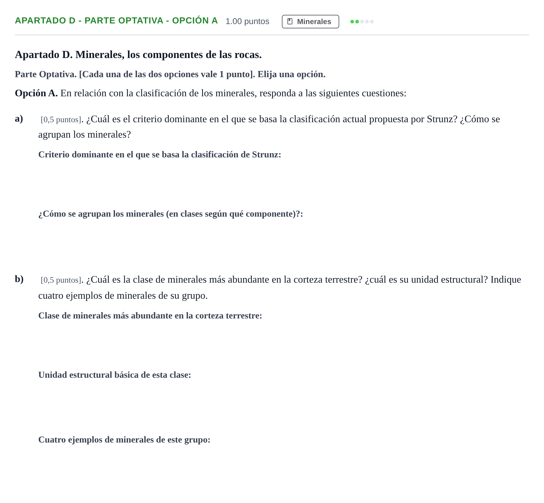 Enunciado: Apartado D - Parte Optativa - Opción A · Geología y Ciencias Ambientales PAU Cantabria Ordinaria 2025