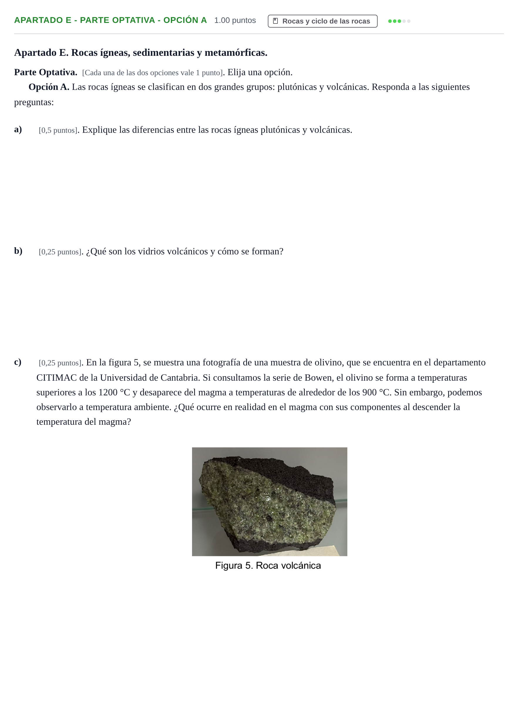 Enunciado: Apartado E - Parte Optativa - Opción A · Geología y Ciencias Ambientales PAU Cantabria Ordinaria 2025