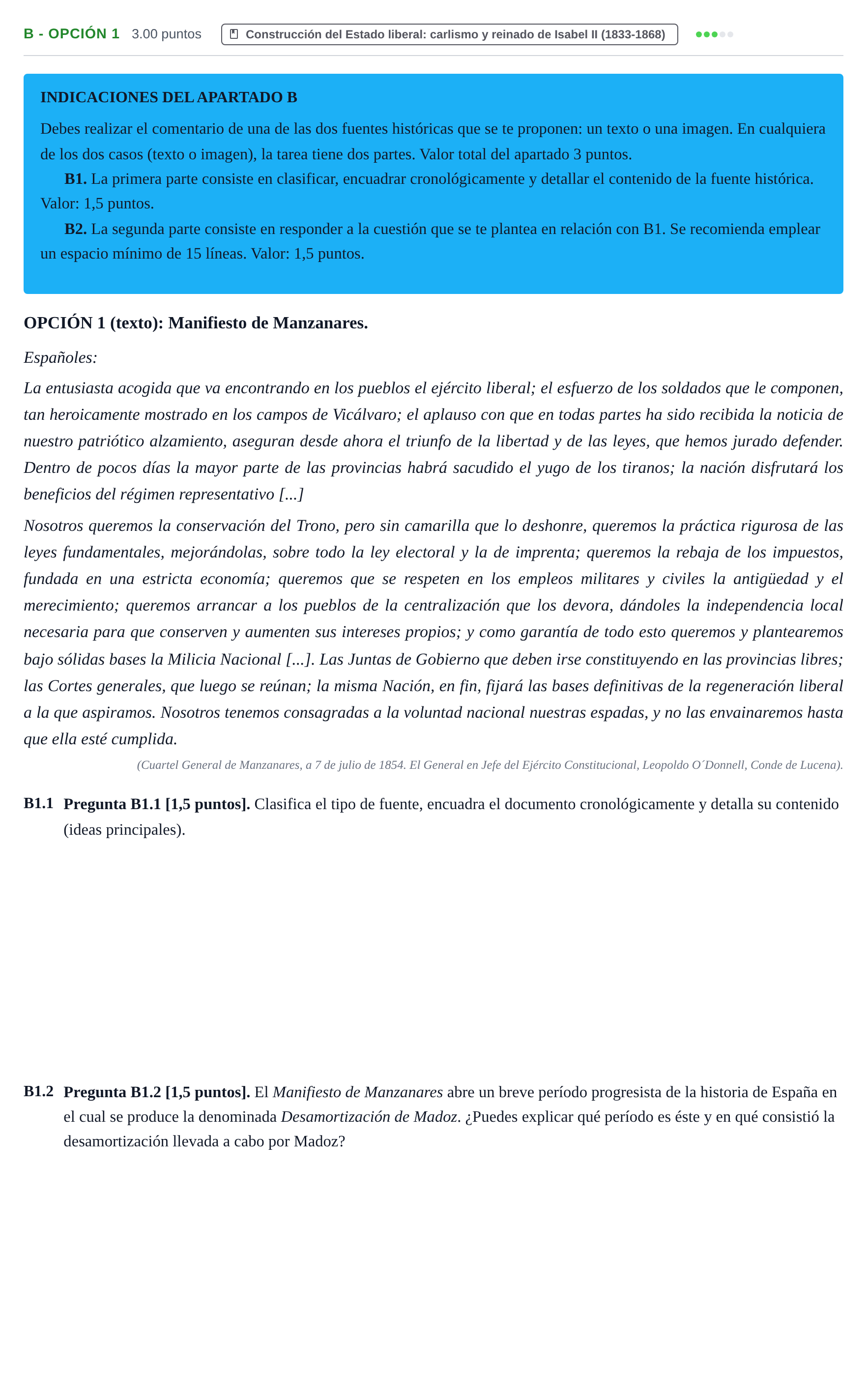 Enunciado: Ejercicio B - Opción 1 · Historia de España PAU Cantabria Extraordinaria 2025