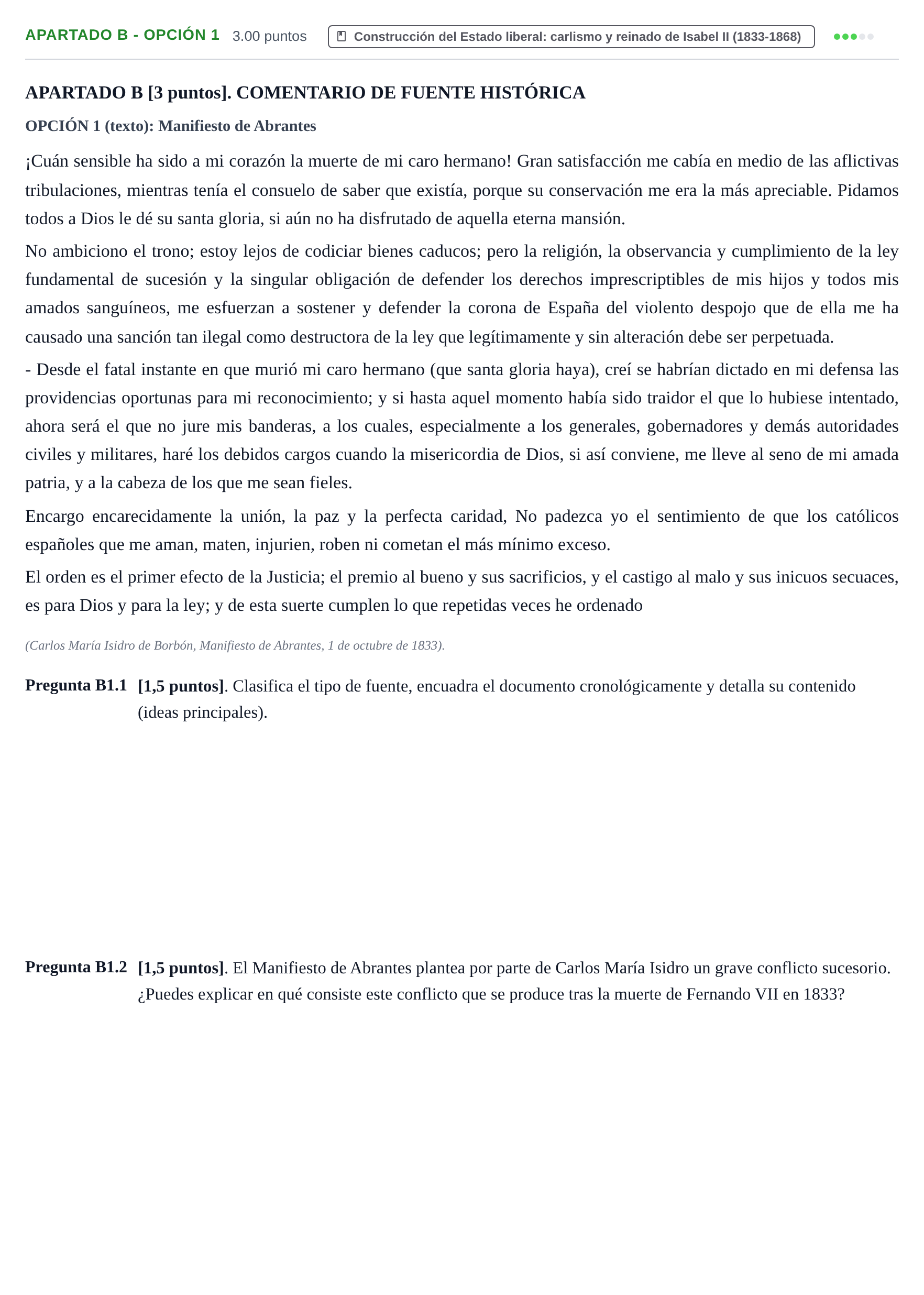 Enunciado: Apartado B - Opción 1 · Historia de España PAU Cantabria Ordinaria 2025