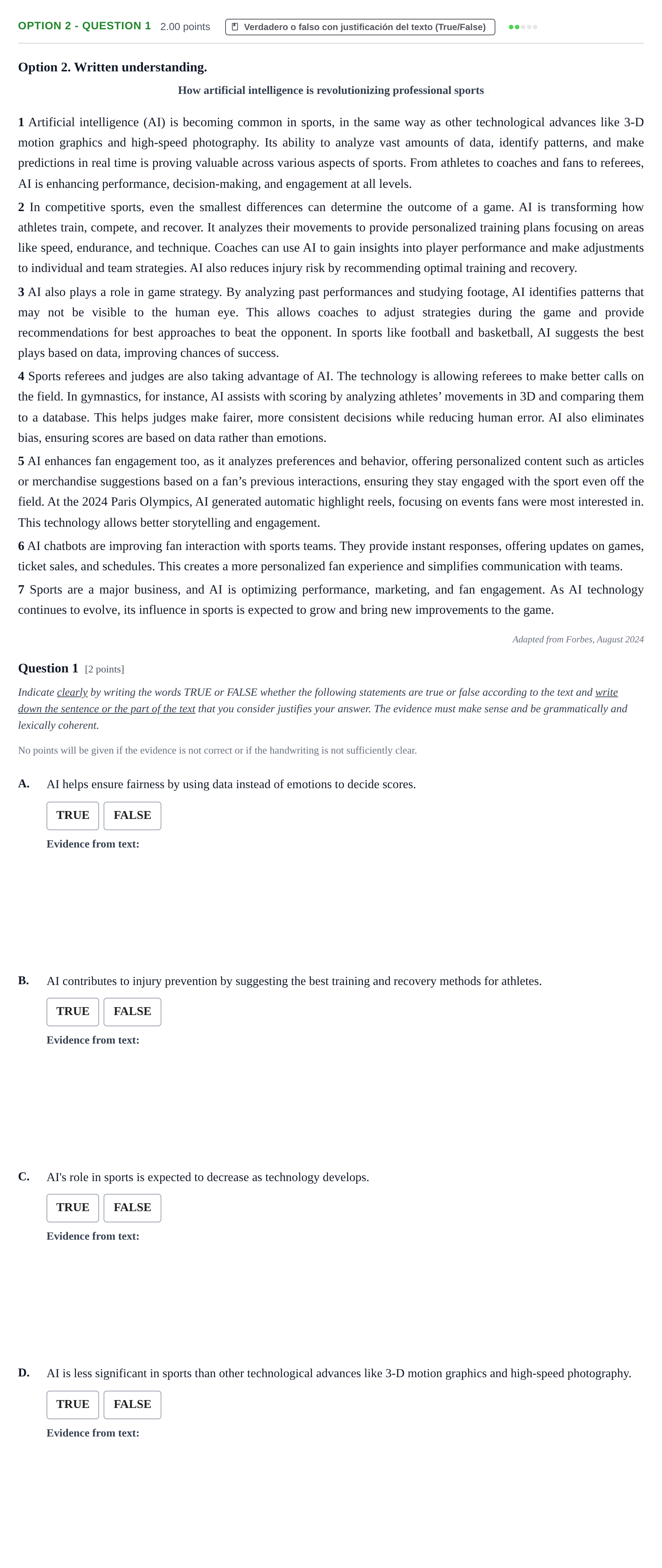 Enunciado: Ejercicio Option 2 - Question 1 · Inglés PAU Cantabria Ordinaria 2025