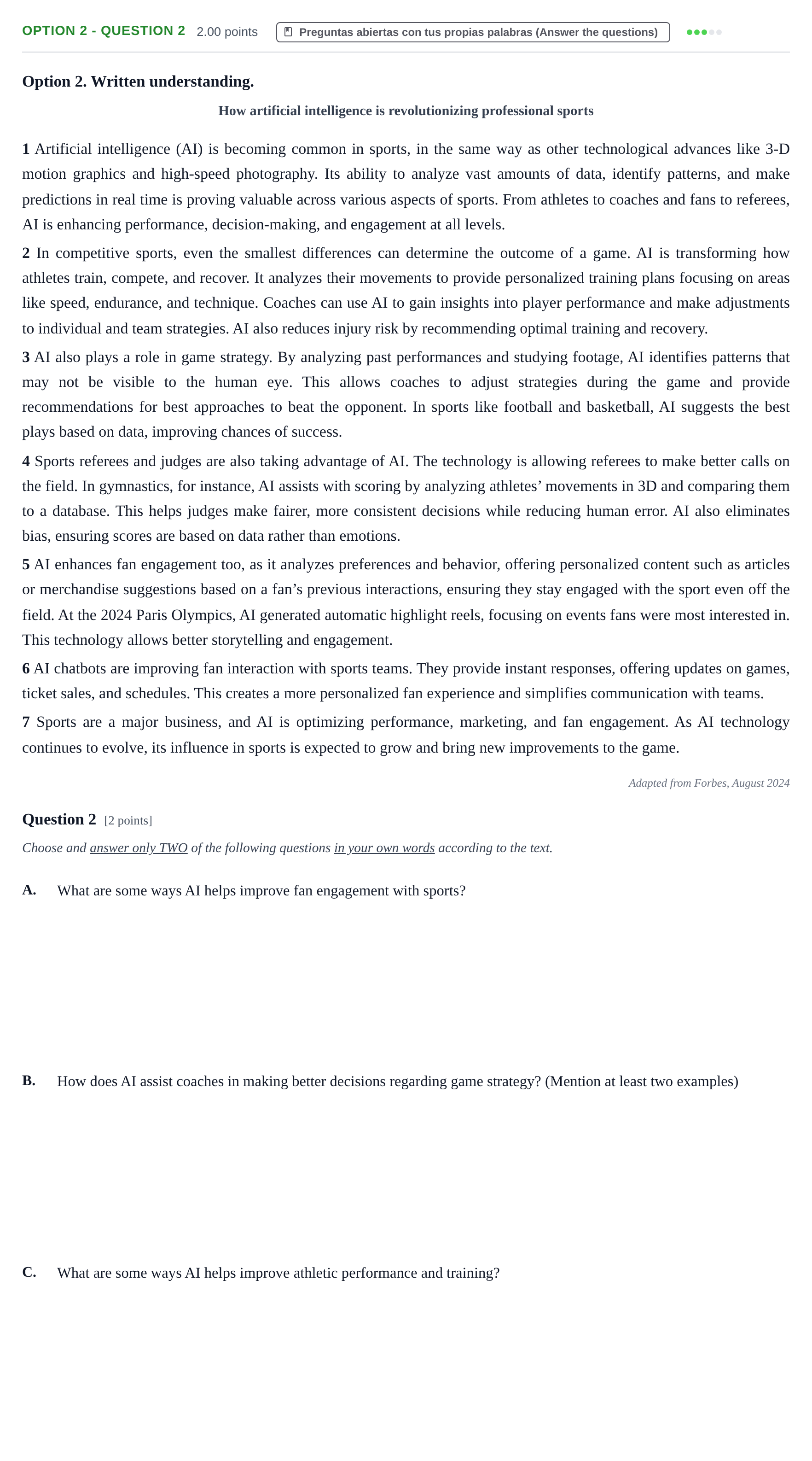 Enunciado: Ejercicio Option 2 - Question 2 · Inglés PAU Cantabria Ordinaria 2025