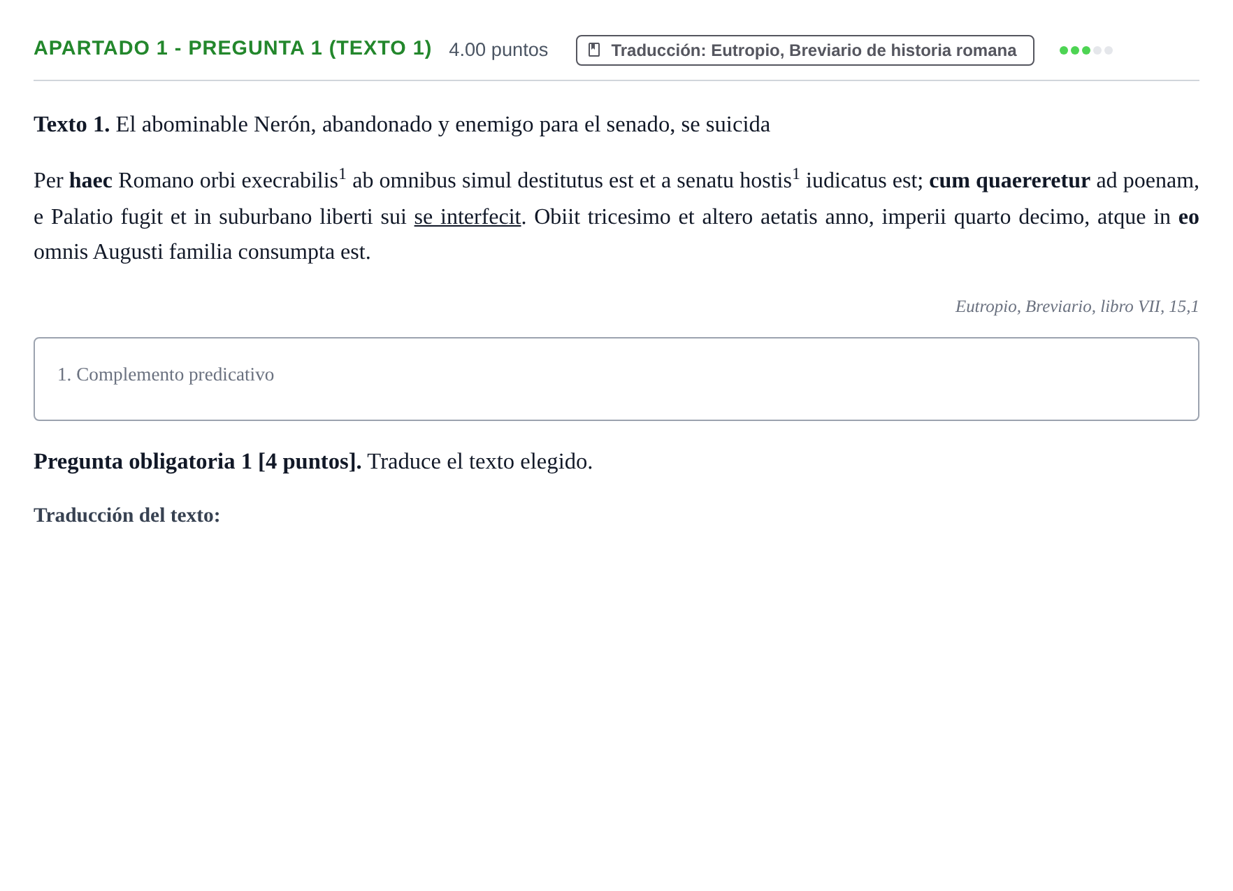 Enunciado: Apartado 1 - Pregunta 1 (Texto 1) · Latín II PAU Cantabria Ordinaria 2025