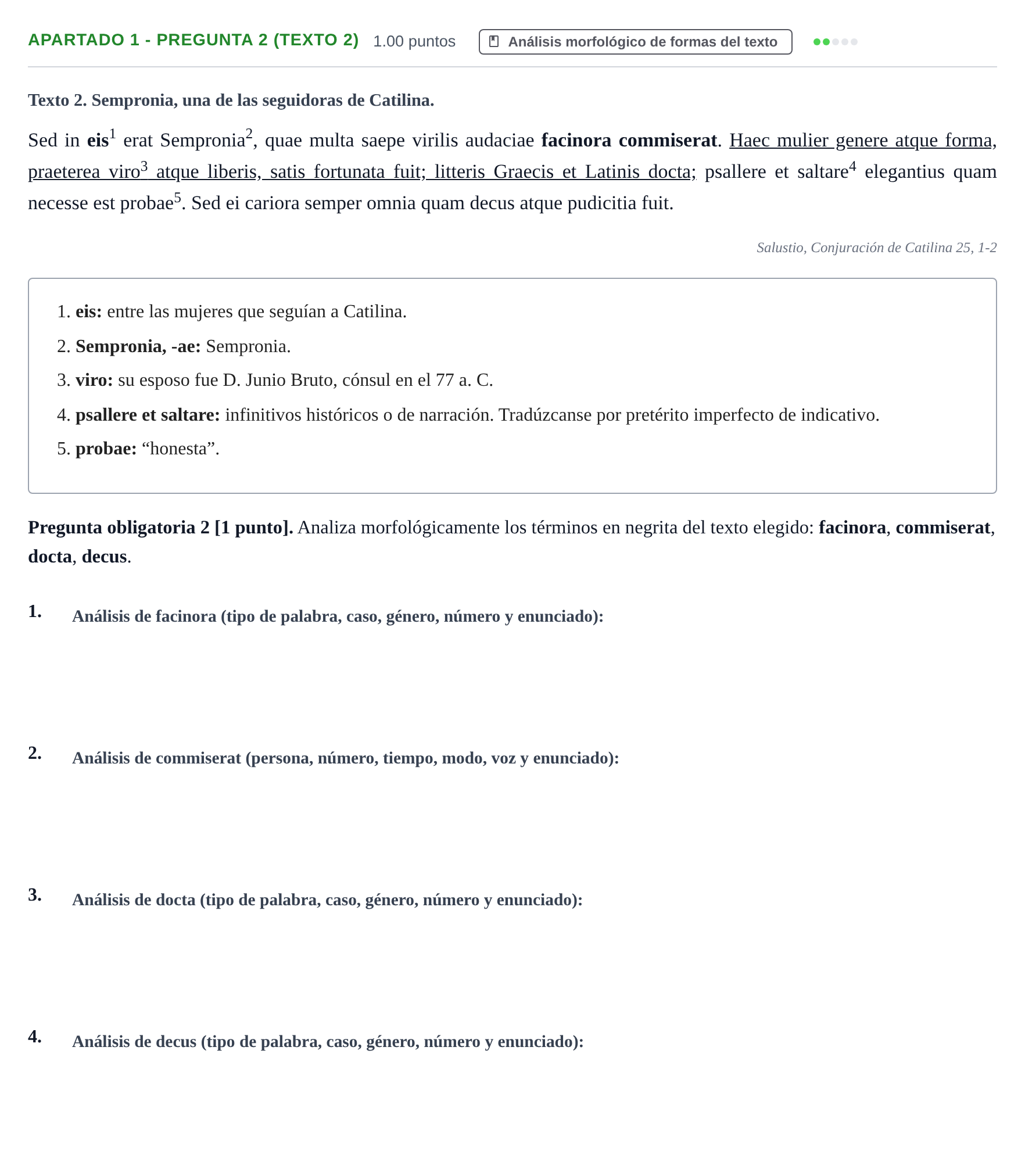 Enunciado: Apartado 1 - Pregunta 2 (Texto 2) · Latín II PAU Cantabria Ordinaria 2025