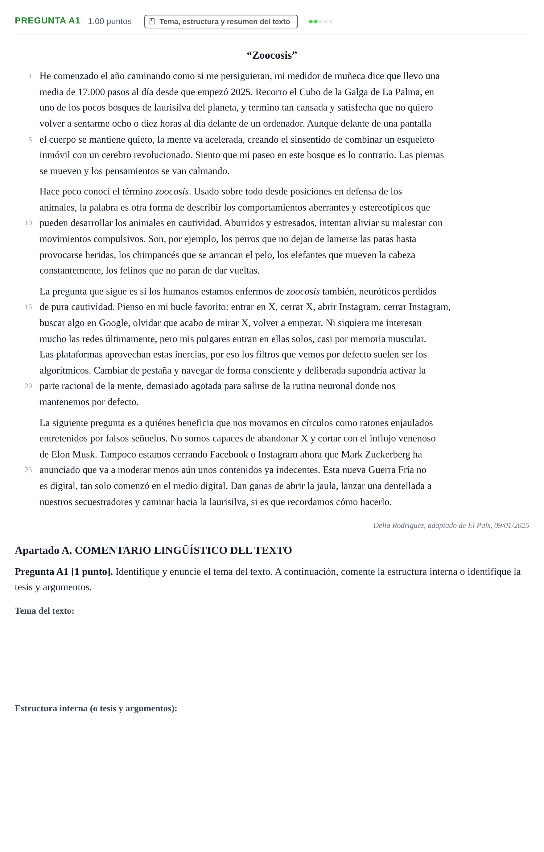 Enunciado: Pregunta A1 · Lengua Castellana y Literatura II PAU Cantabria Extraordinaria 2025