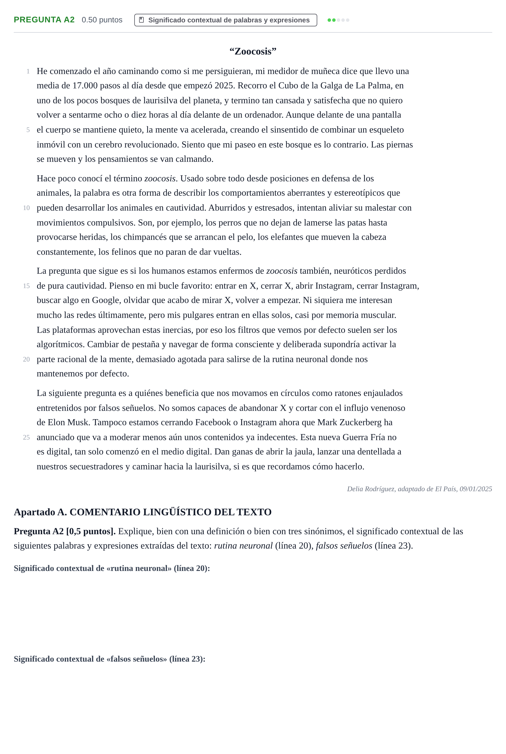 Enunciado: Pregunta A2 · Lengua Castellana y Literatura II PAU Cantabria Extraordinaria 2025