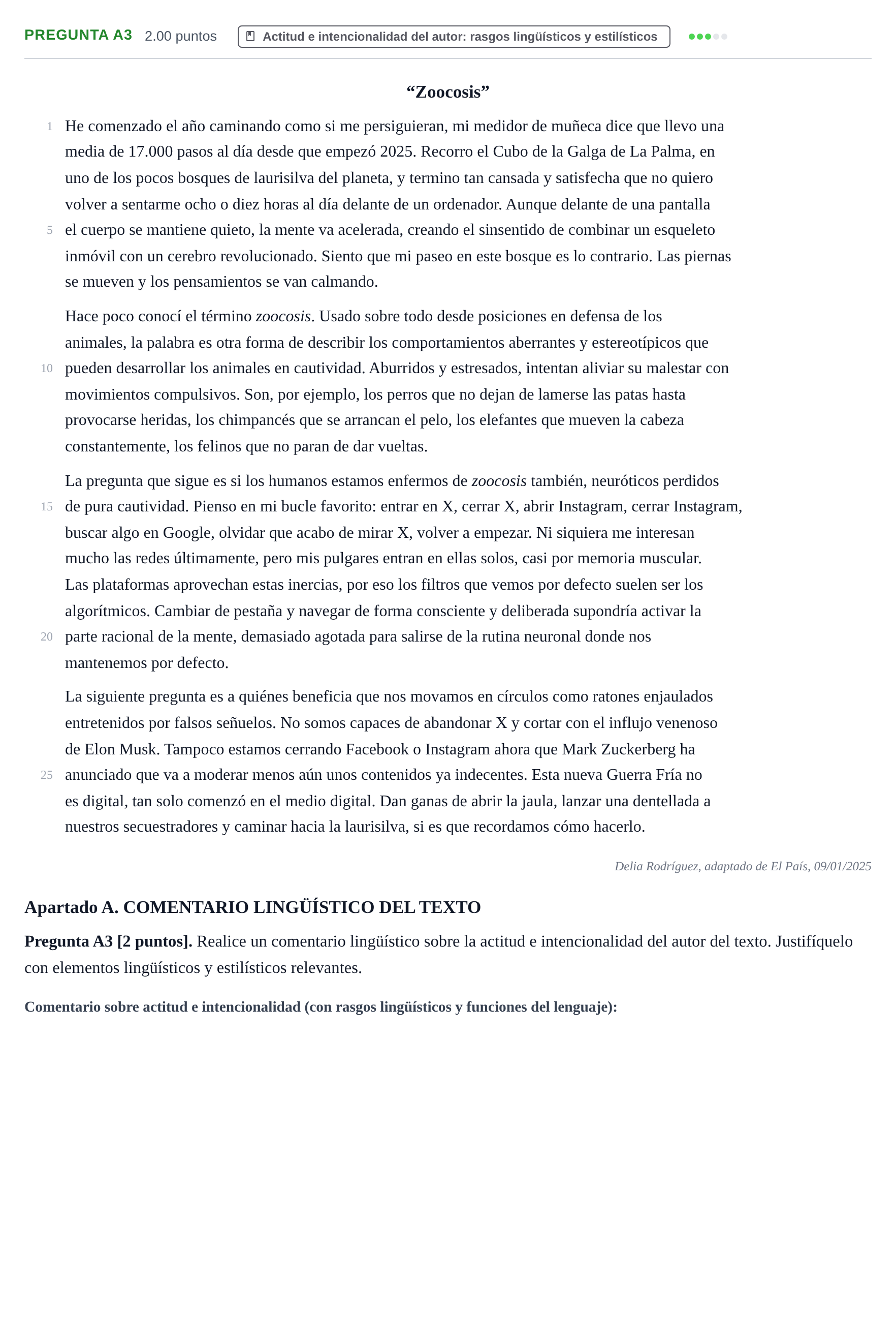 Enunciado: Pregunta A3 · Lengua Castellana y Literatura II PAU Cantabria Extraordinaria 2025