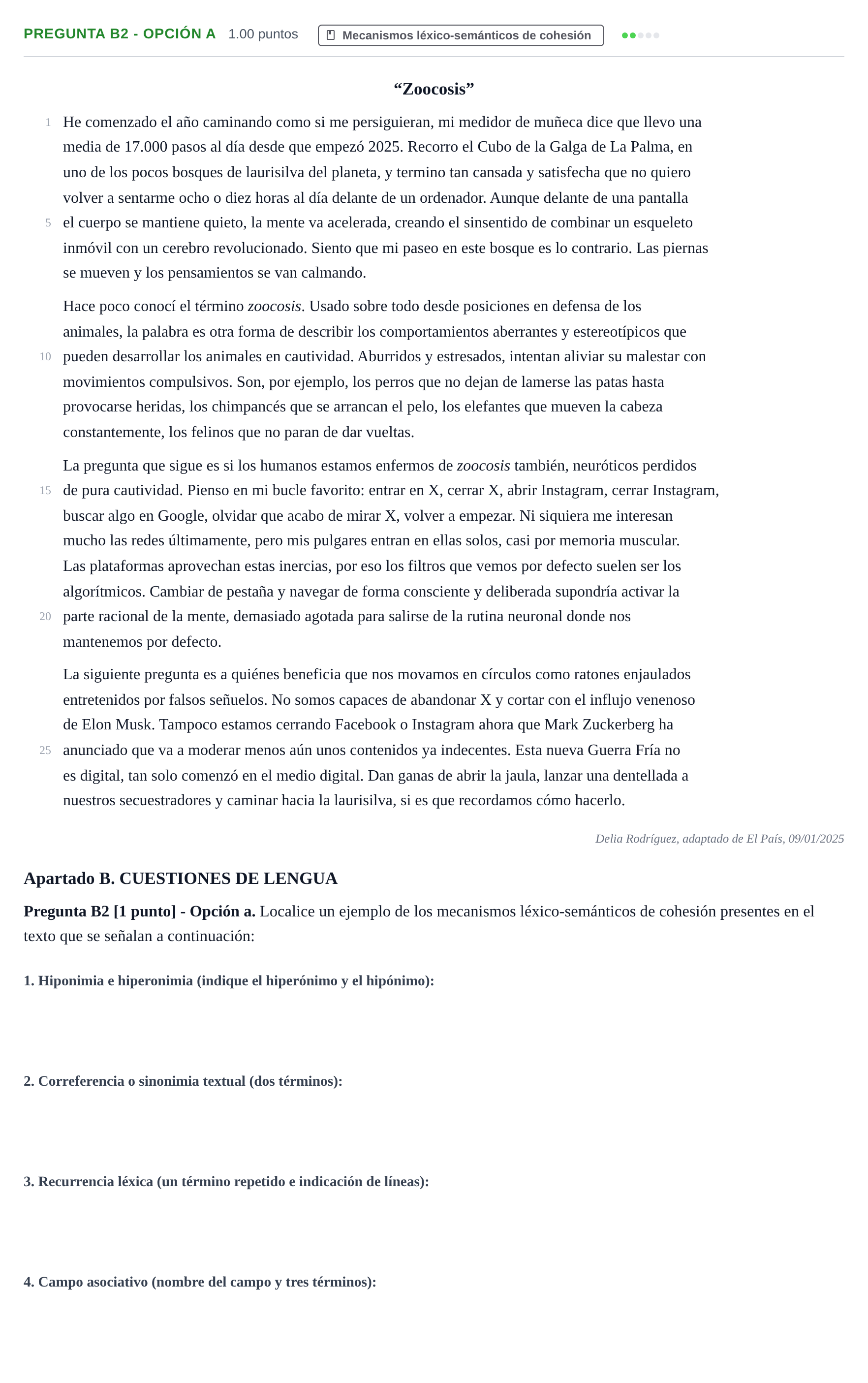 Enunciado: Pregunta B2 - Opción a · Lengua Castellana y Literatura II PAU Cantabria Extraordinaria 2025