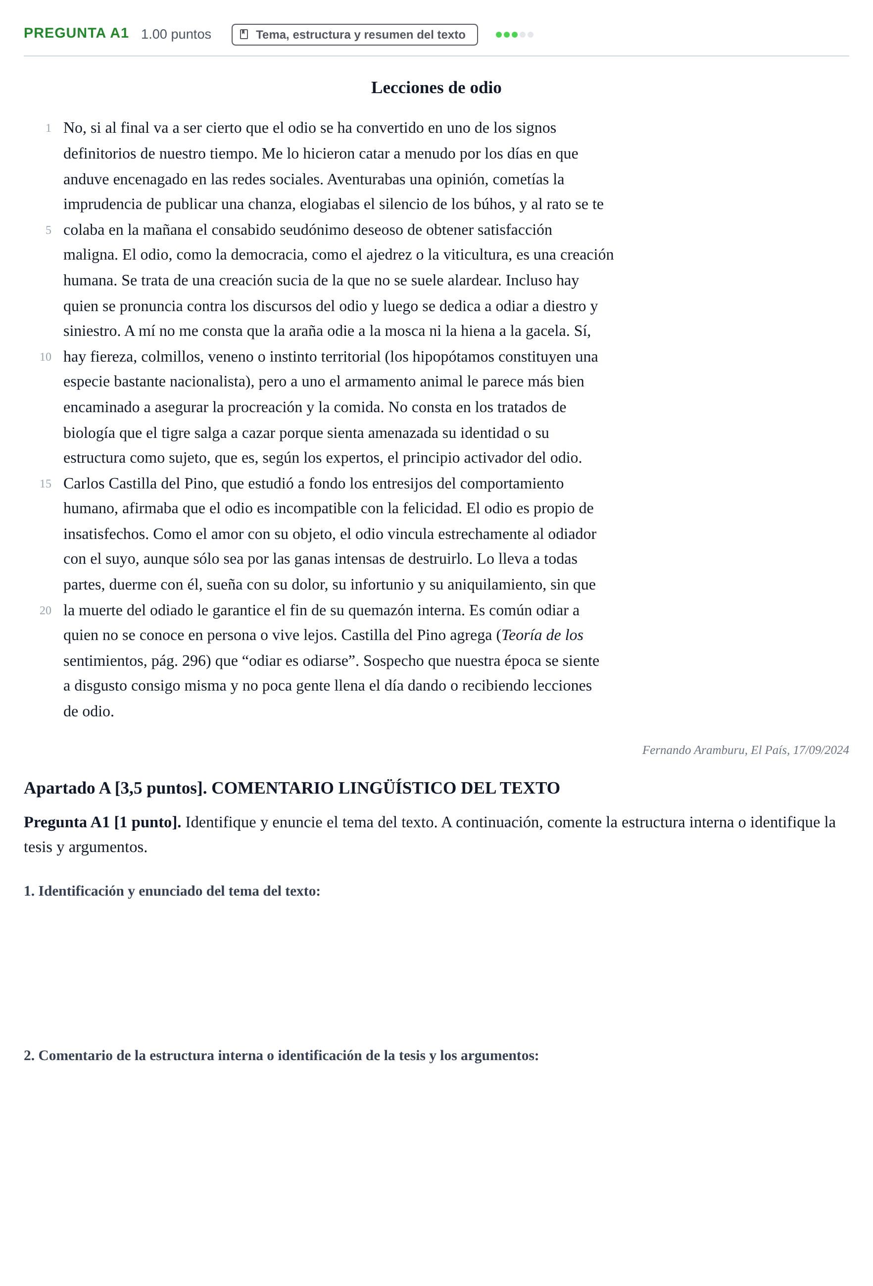 Enunciado: Pregunta A1 · Lengua Castellana y Literatura II PAU Cantabria Ordinaria 2025