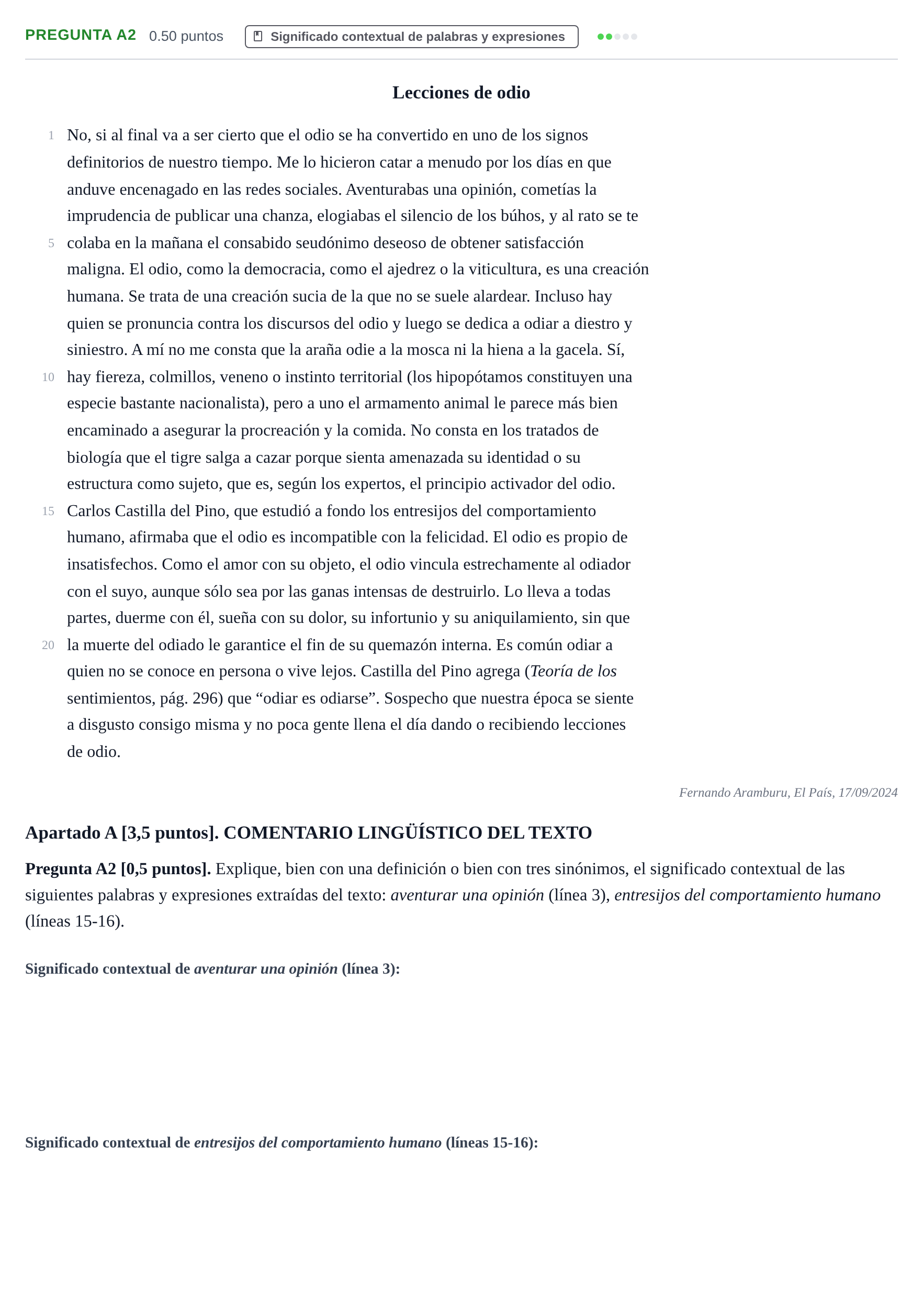 Enunciado: Pregunta A2 · Lengua Castellana y Literatura II PAU Cantabria Ordinaria 2025