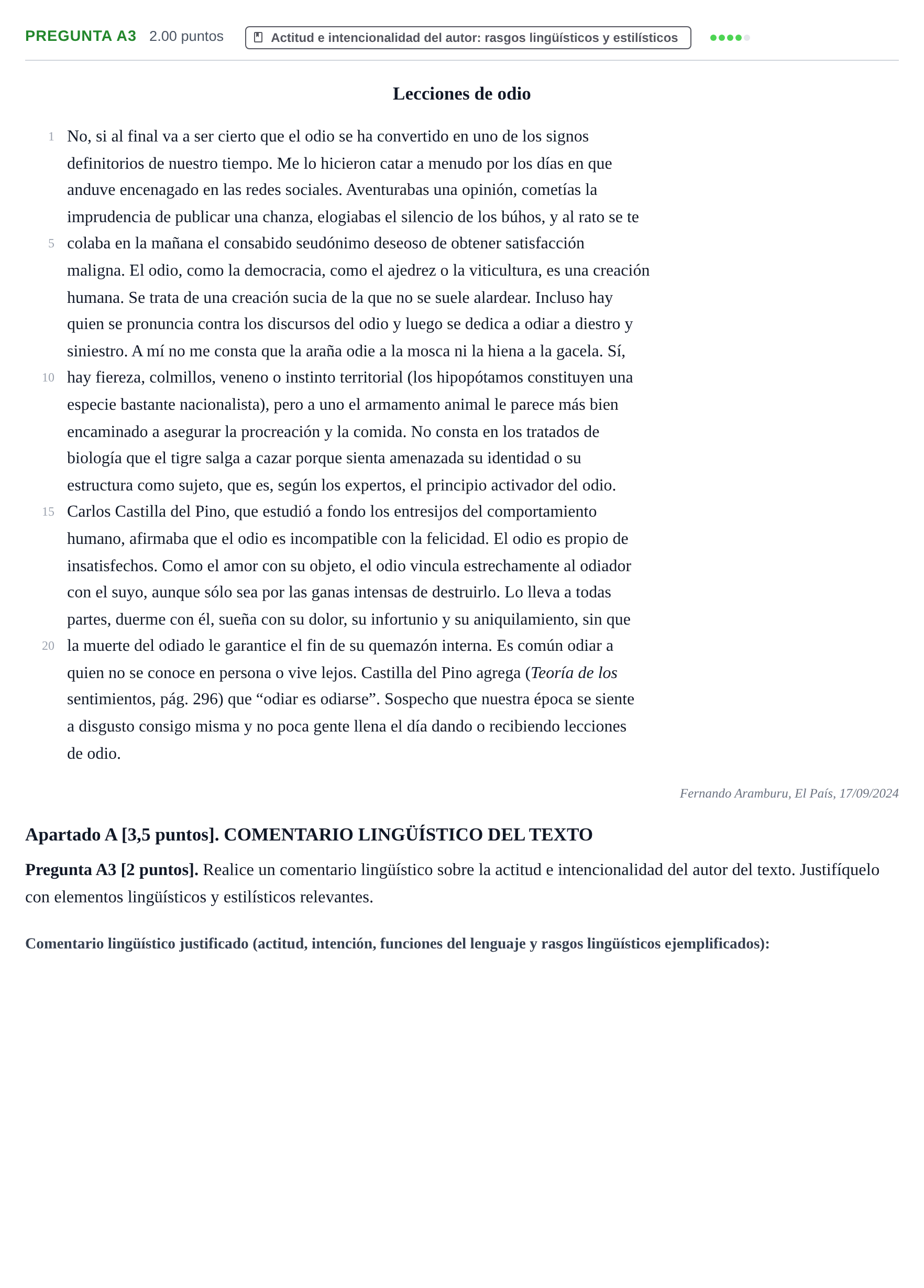 Enunciado: Pregunta A3 · Lengua Castellana y Literatura II PAU Cantabria Ordinaria 2025