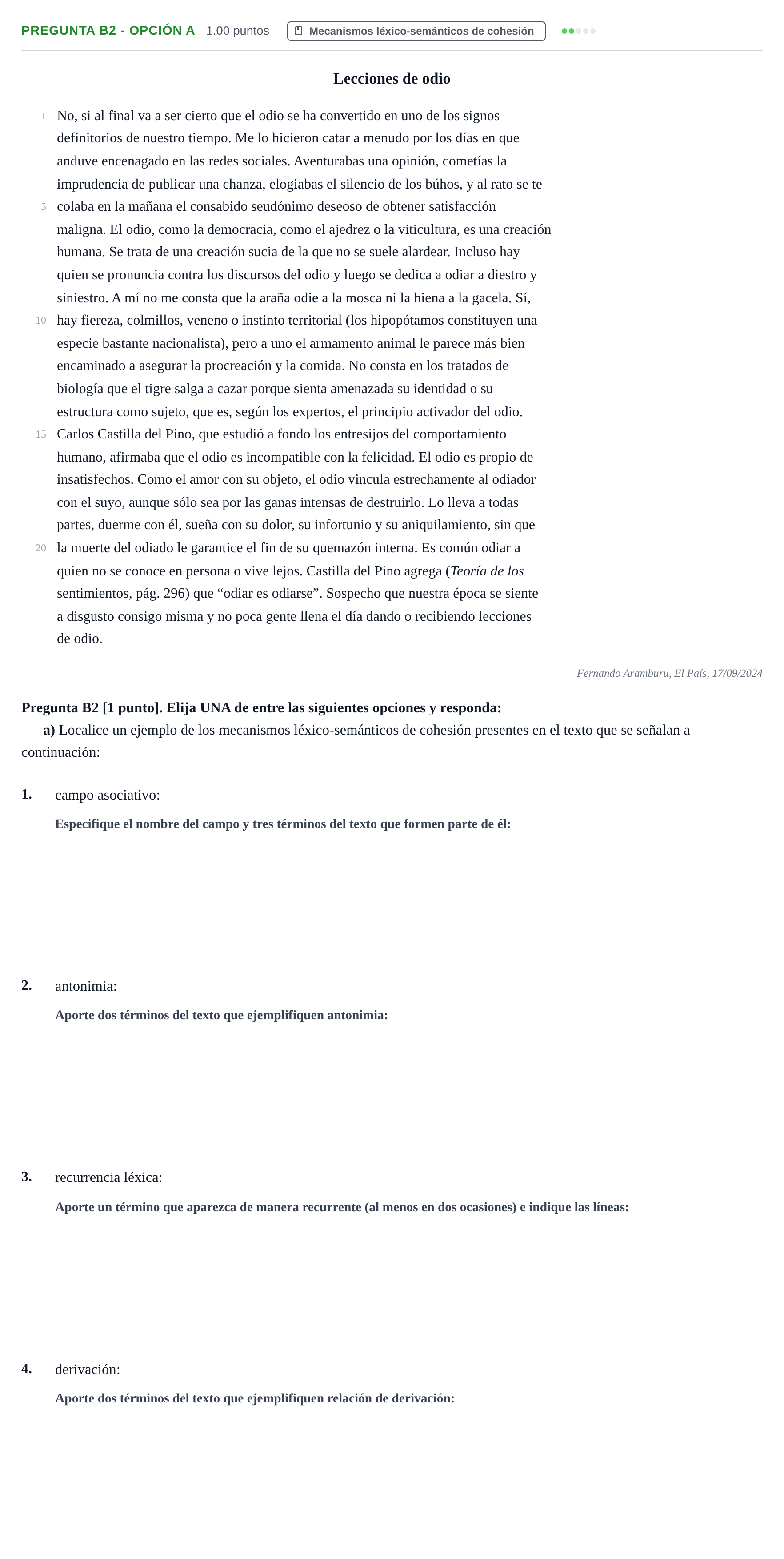 Enunciado: Pregunta B2 - Opción a · Lengua Castellana y Literatura II PAU Cantabria Ordinaria 2025