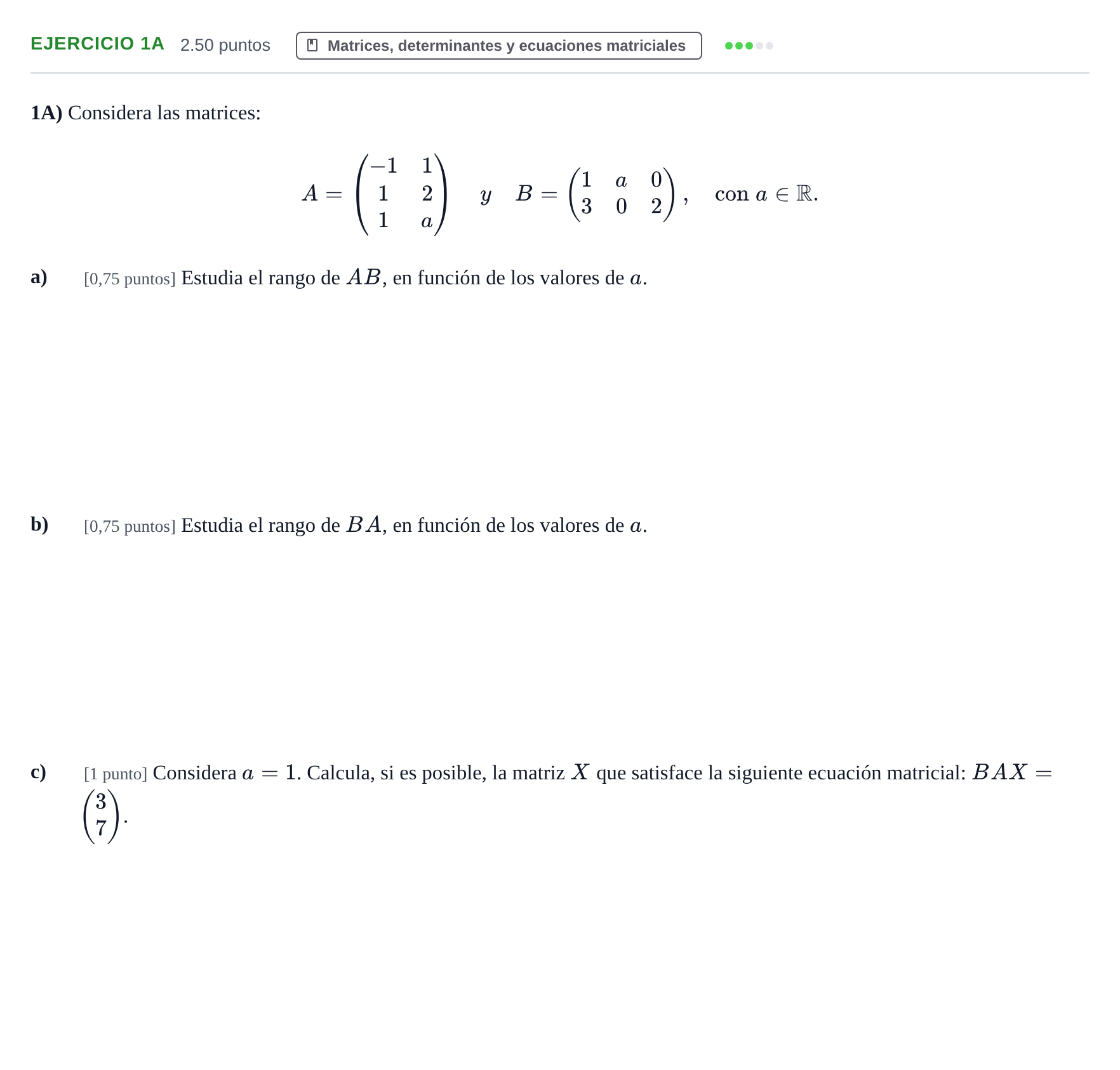 Enunciado: Ejercicio 1A · Matemáticas II PAU Cantabria Extraordinaria 2025