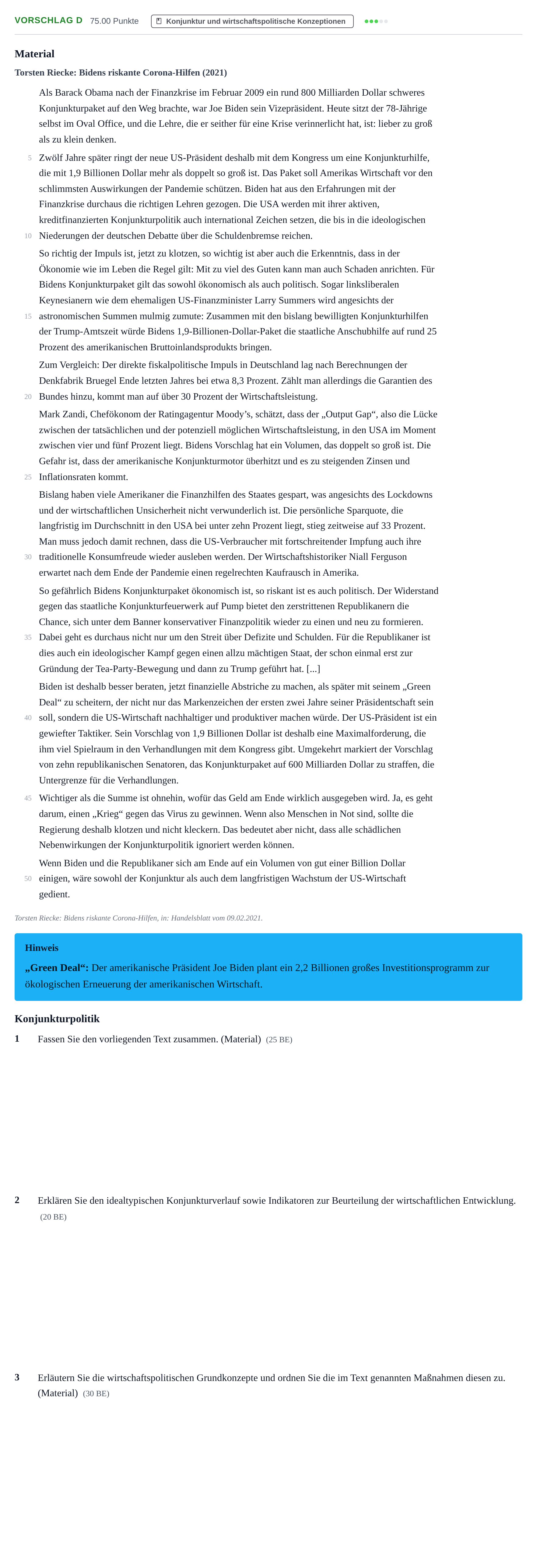 Aufgabenstellung: Aufgabe Vorschlag D - Konjunktur und wirtschaftspolitisch… · Abitur Hessen Wirtschaftswissenschaften GK 2022