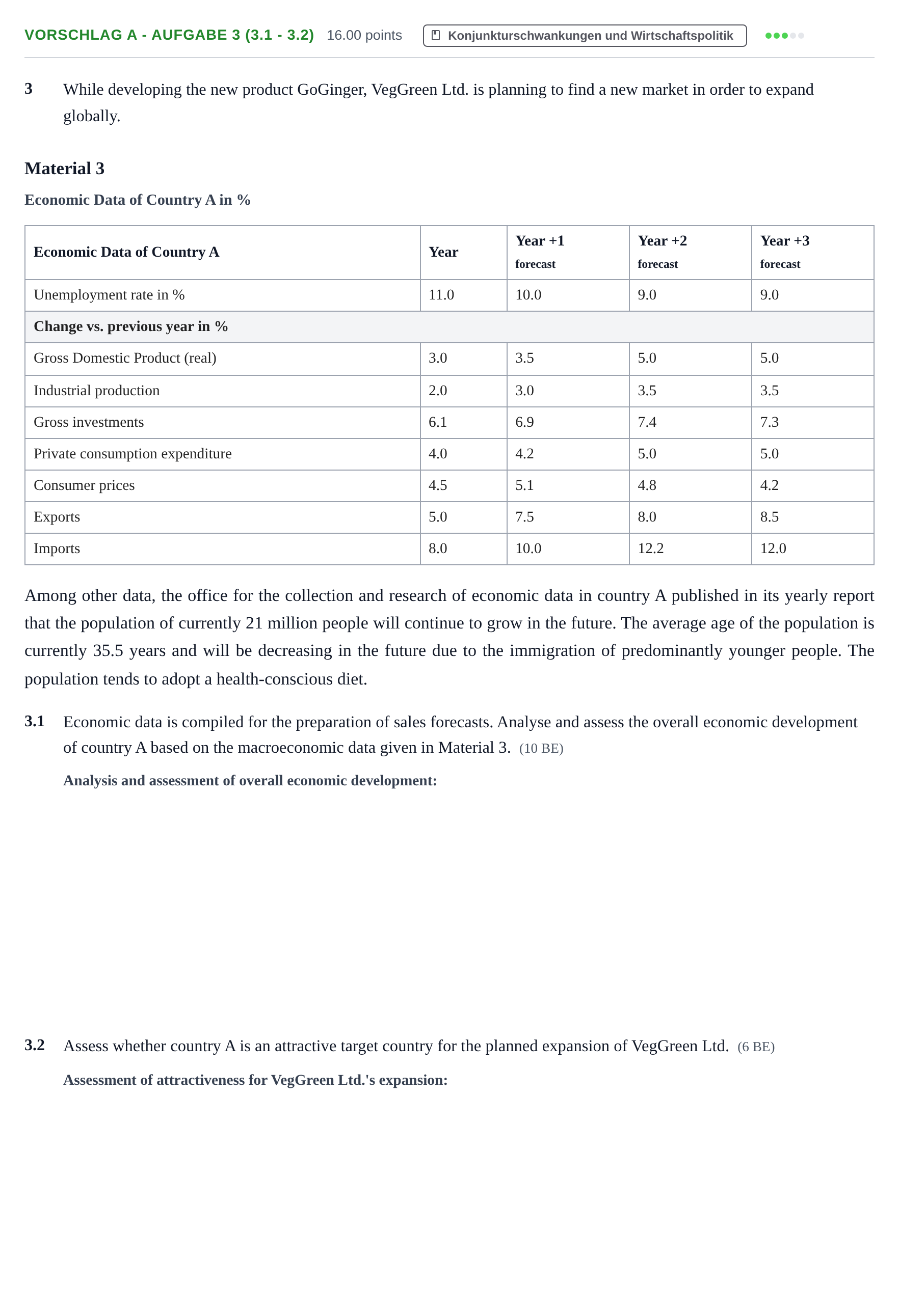 Aufgabenstellung: Aufgabe Vorschlag A - Aufgabe 3 (3.1 - 3.2) · Abitur Hessen Wirtschaftslehre LK · bilingual Englisch 2022