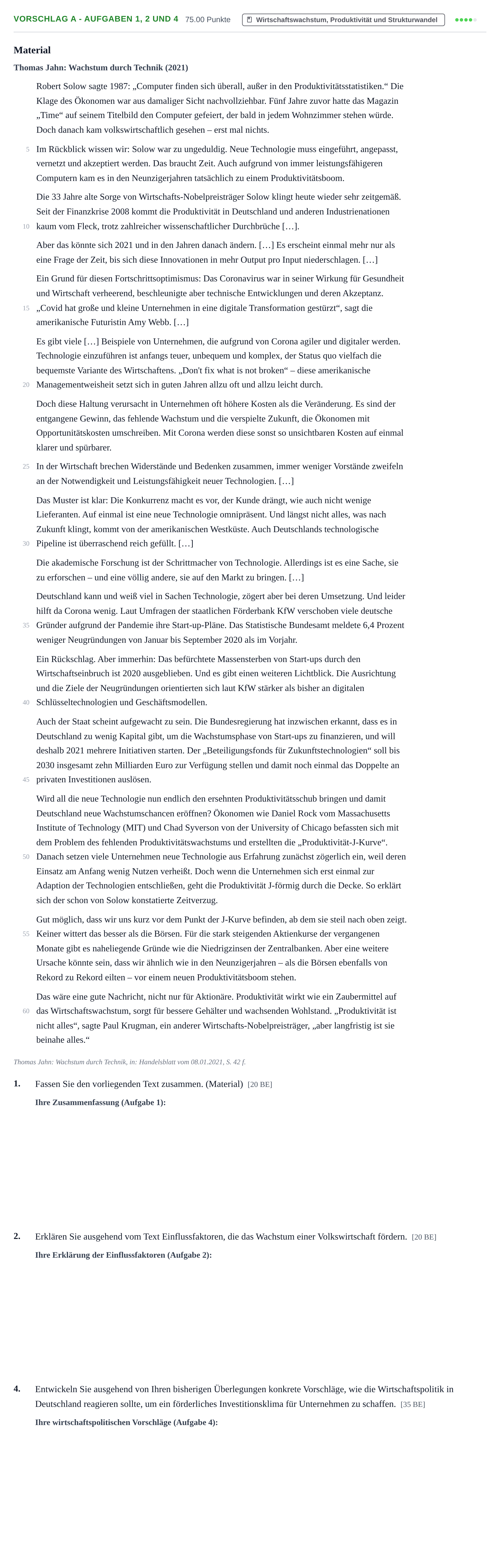 Aufgabenstellung: Aufgabe Vorschlag A - Aufgaben 1, 2 und 4 · Abitur Hessen Wirtschaftswissenschaften LK 2022