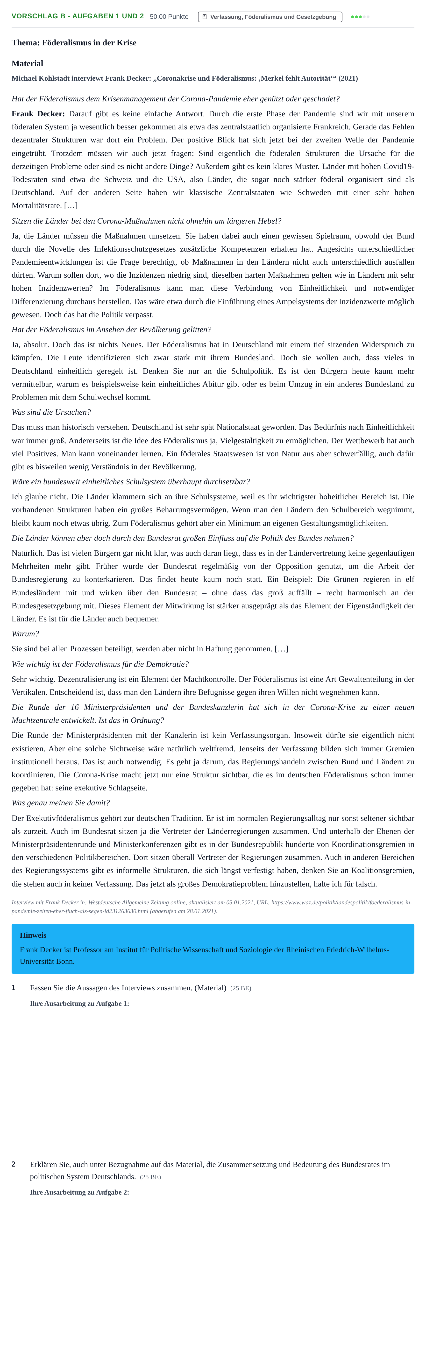 Aufgabenstellung: Aufgabe Vorschlag B - Aufgaben 1 und 2 · Abitur Hessen Wirtschaftswissenschaften LK 2022