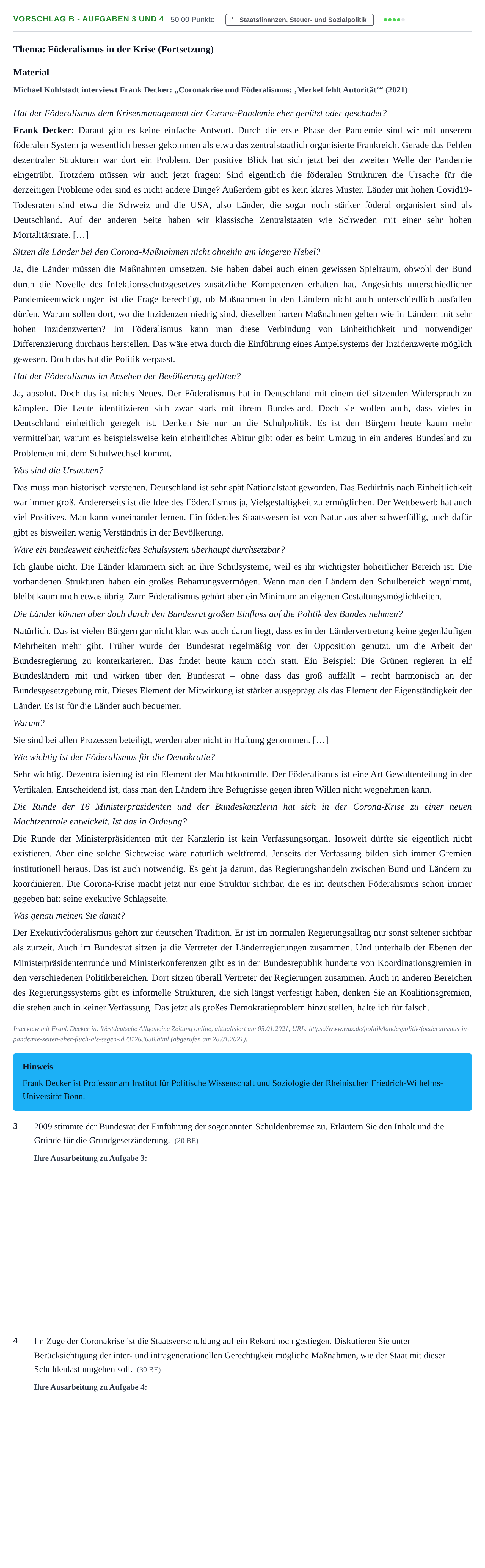 Aufgabenstellung: Aufgabe Vorschlag B - Aufgaben 3 und 4 · Abitur Hessen Wirtschaftswissenschaften LK 2022