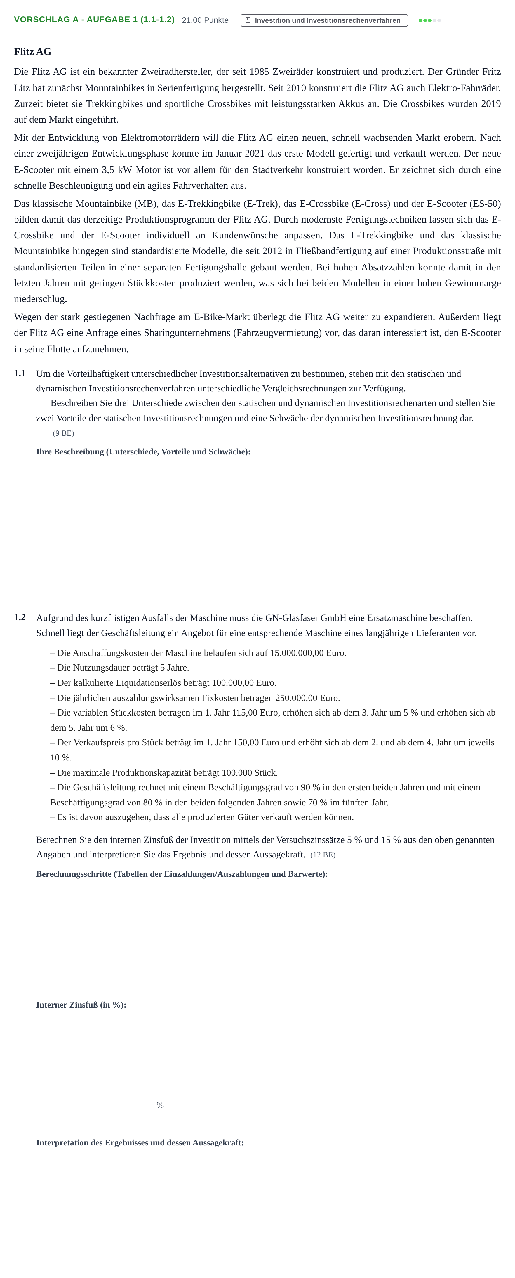 Aufgabenstellung: Aufgabe Vorschlag A - Aufgabe 1 (1.1-1.2) · Abitur Hessen Wirtschaftslehre LK 2022