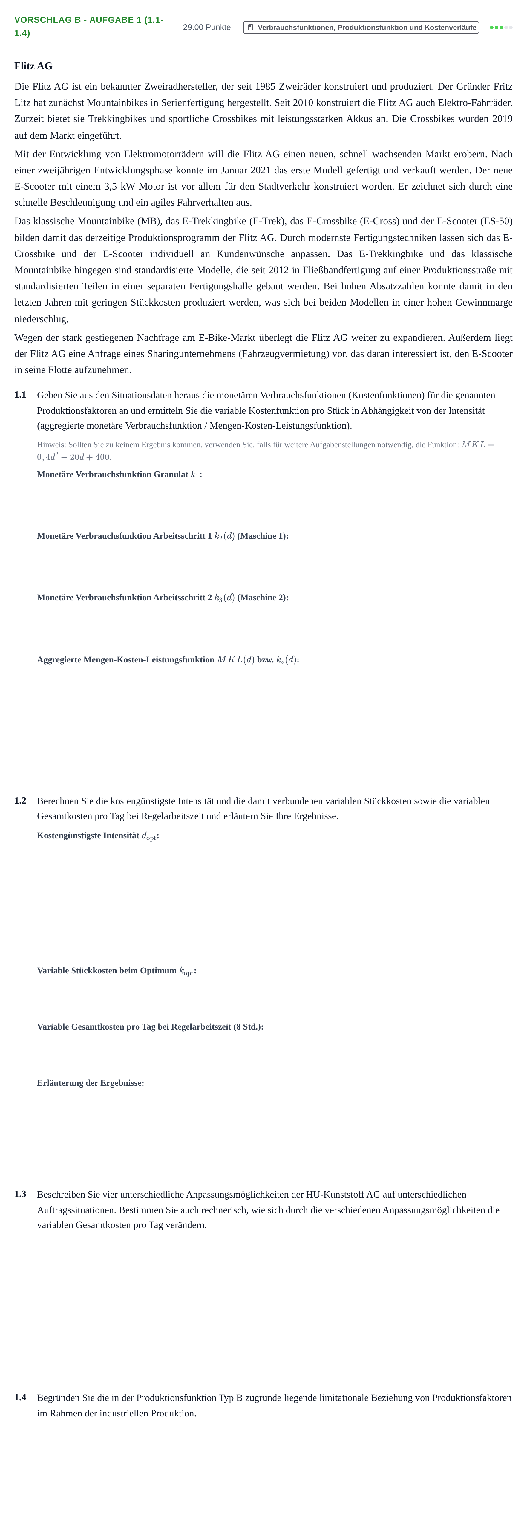 Aufgabenstellung: Aufgabe Vorschlag B - Aufgabe 1 (1.1-1.4) · Abitur Hessen Wirtschaftslehre LK 2022