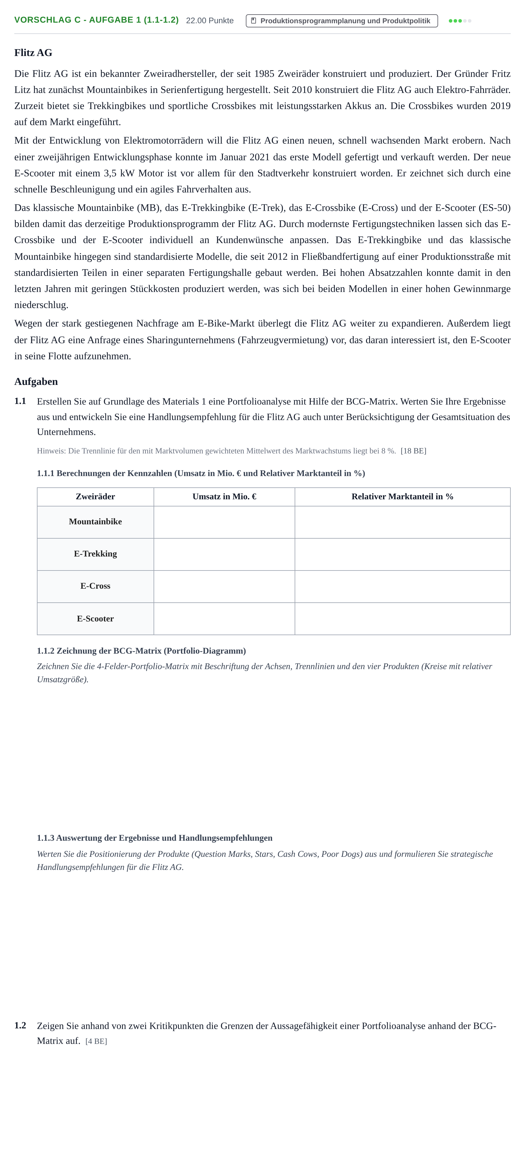 Aufgabenstellung: Aufgabe Vorschlag C - Aufgabe 1 (1.1-1.2) · Abitur Hessen Wirtschaftslehre LK 2022