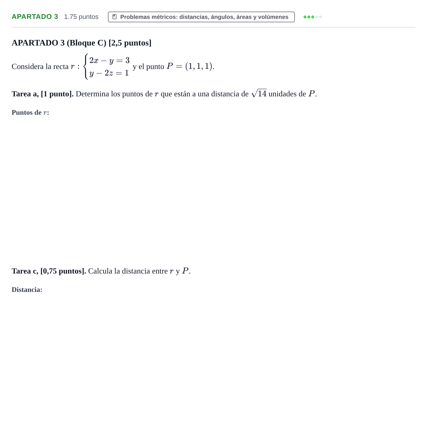 Enunciado: Apartado 3 - Problemas métricos · Matemáticas II PAU Cantabria Ordinaria 2025