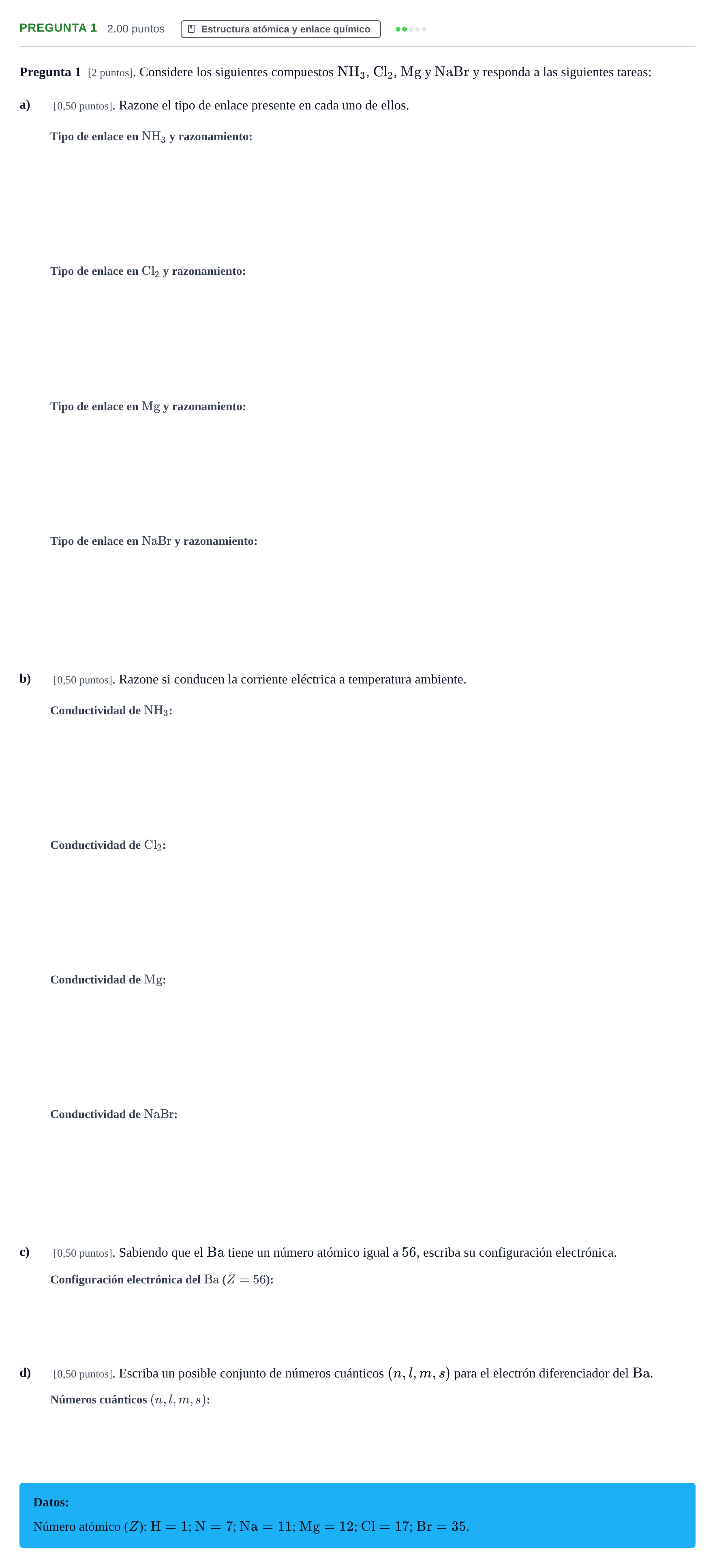 Enunciado: Pregunta 1 · Química PAU Cantabria Extraordinaria 2025