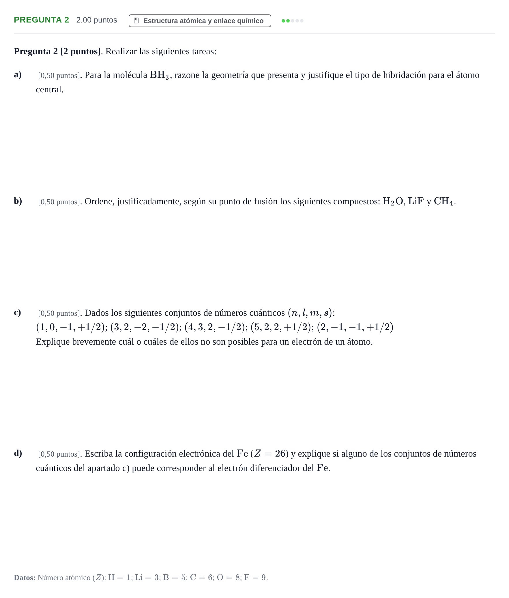 Enunciado: Pregunta 2 · Química PAU Cantabria Extraordinaria 2025