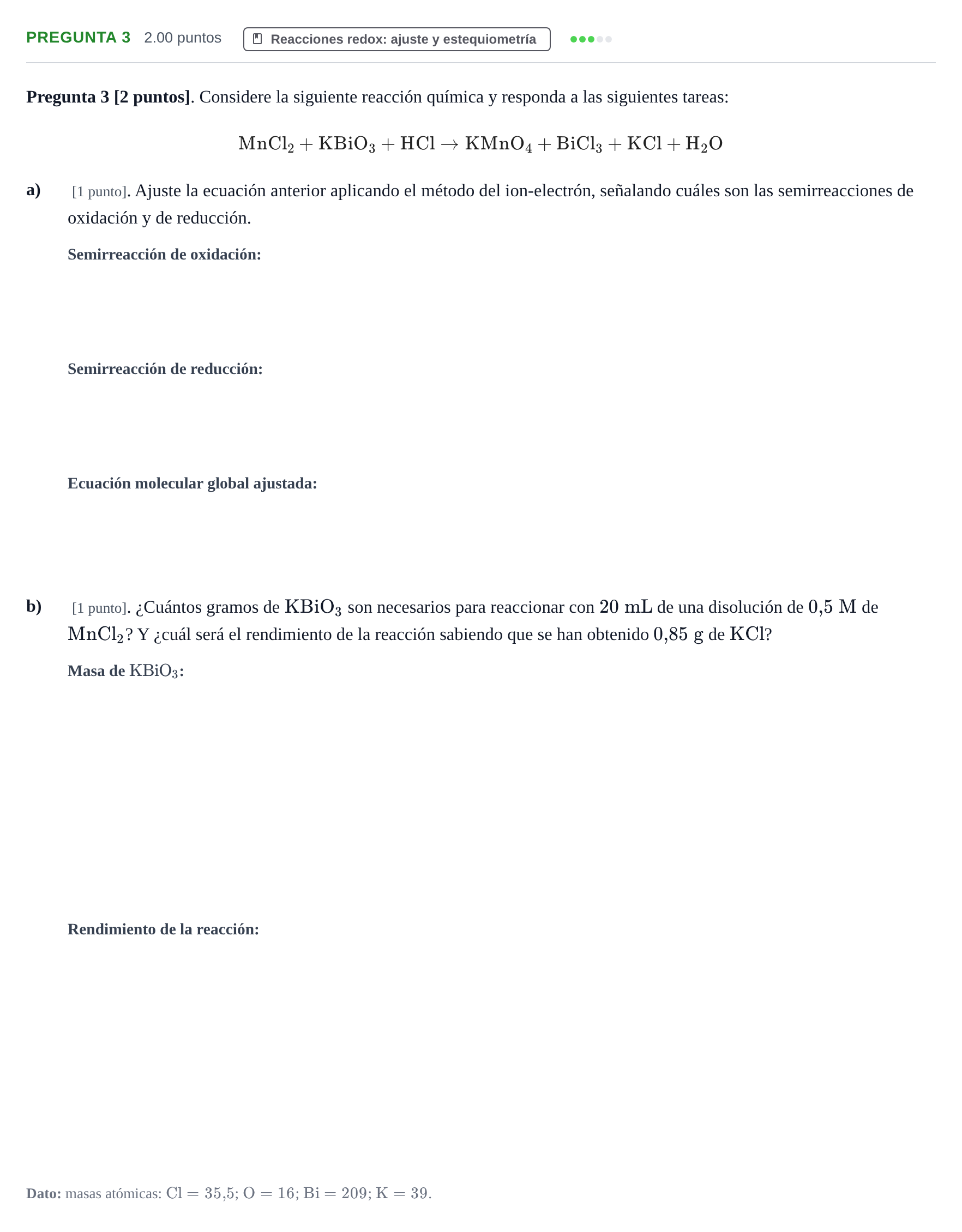 Enunciado: Pregunta 3 · Química PAU Cantabria Extraordinaria 2025