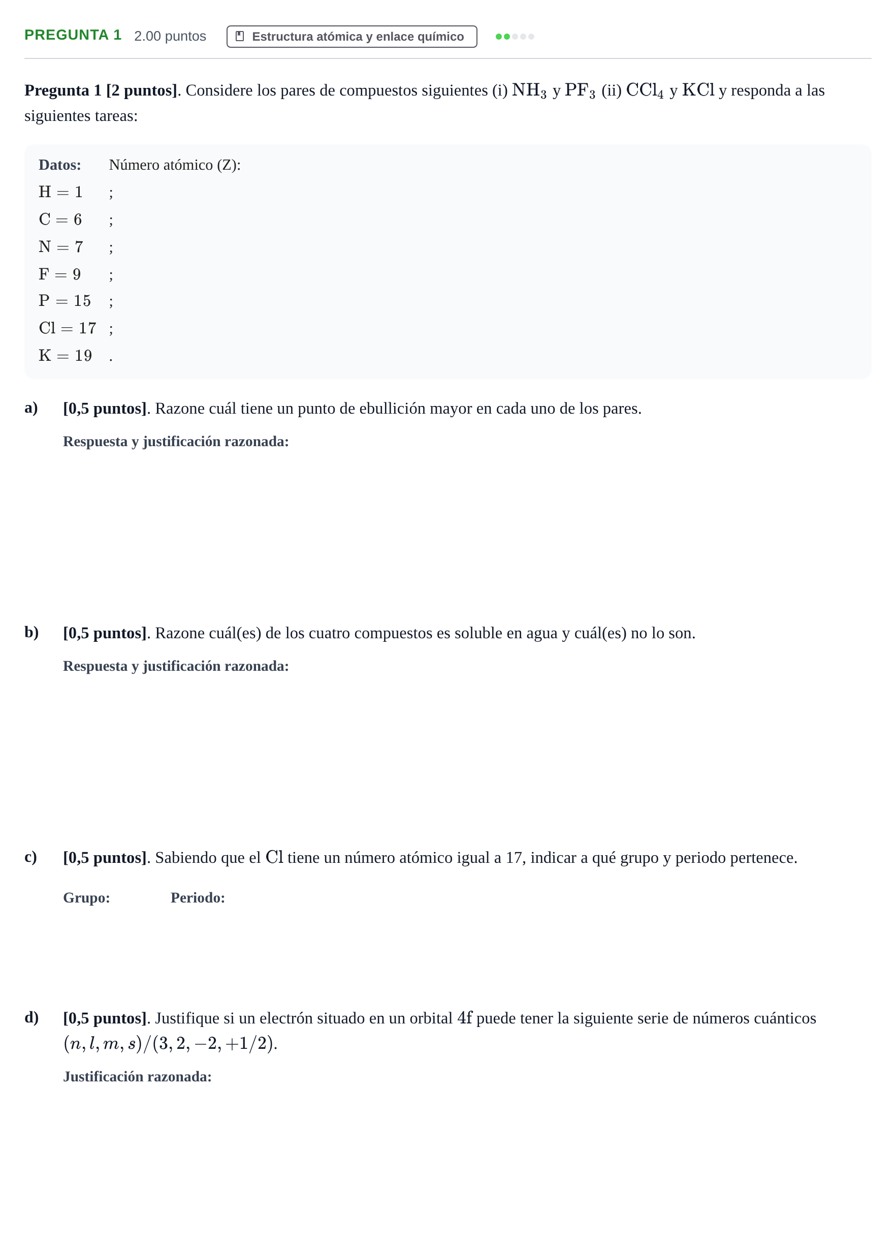 Enunciado: Pregunta 1 · Química PAU Cantabria Ordinaria 2025