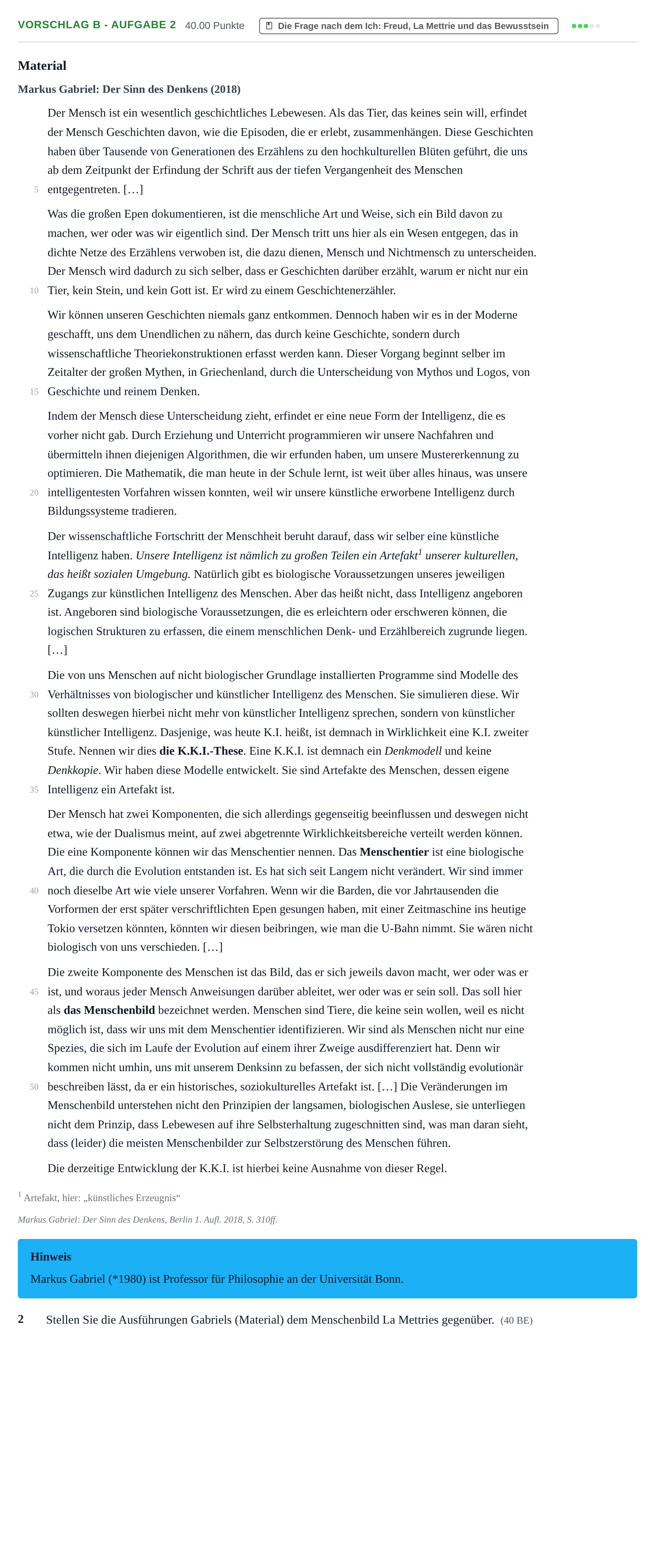 Aufgabenstellung: Aufgabe Vorschlag B - Aufgabe 2 · Abitur Hessen Philosophie GK 2021