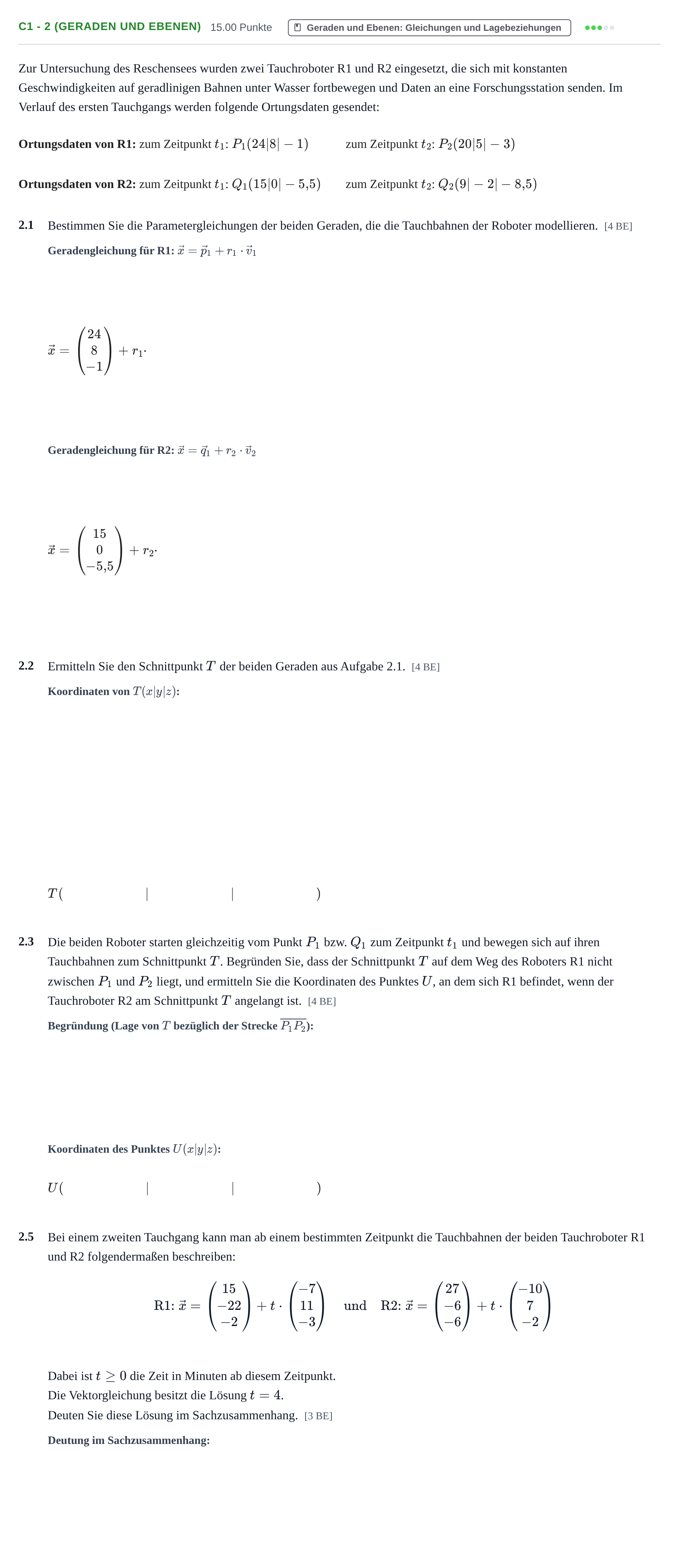Aufgabenstellung: Aufgabe C1 - 2 (Geraden und Ebenen) · Abitur Hessen Mathematik GK · WTR 2021