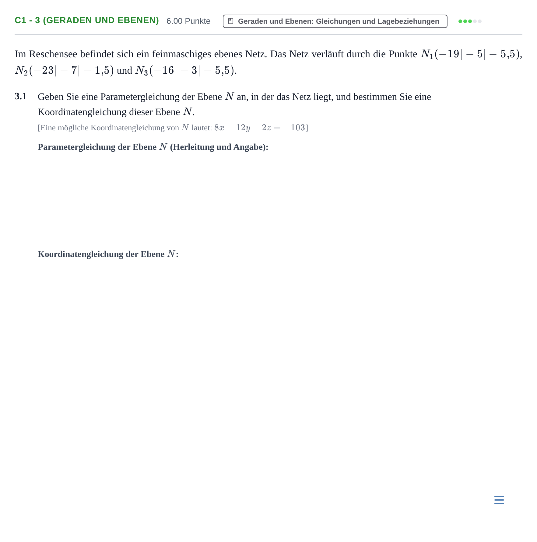 Aufgabenstellung: Aufgabe C1 - 3 (Geraden und Ebenen) · Abitur Hessen Mathematik GK · WTR 2021