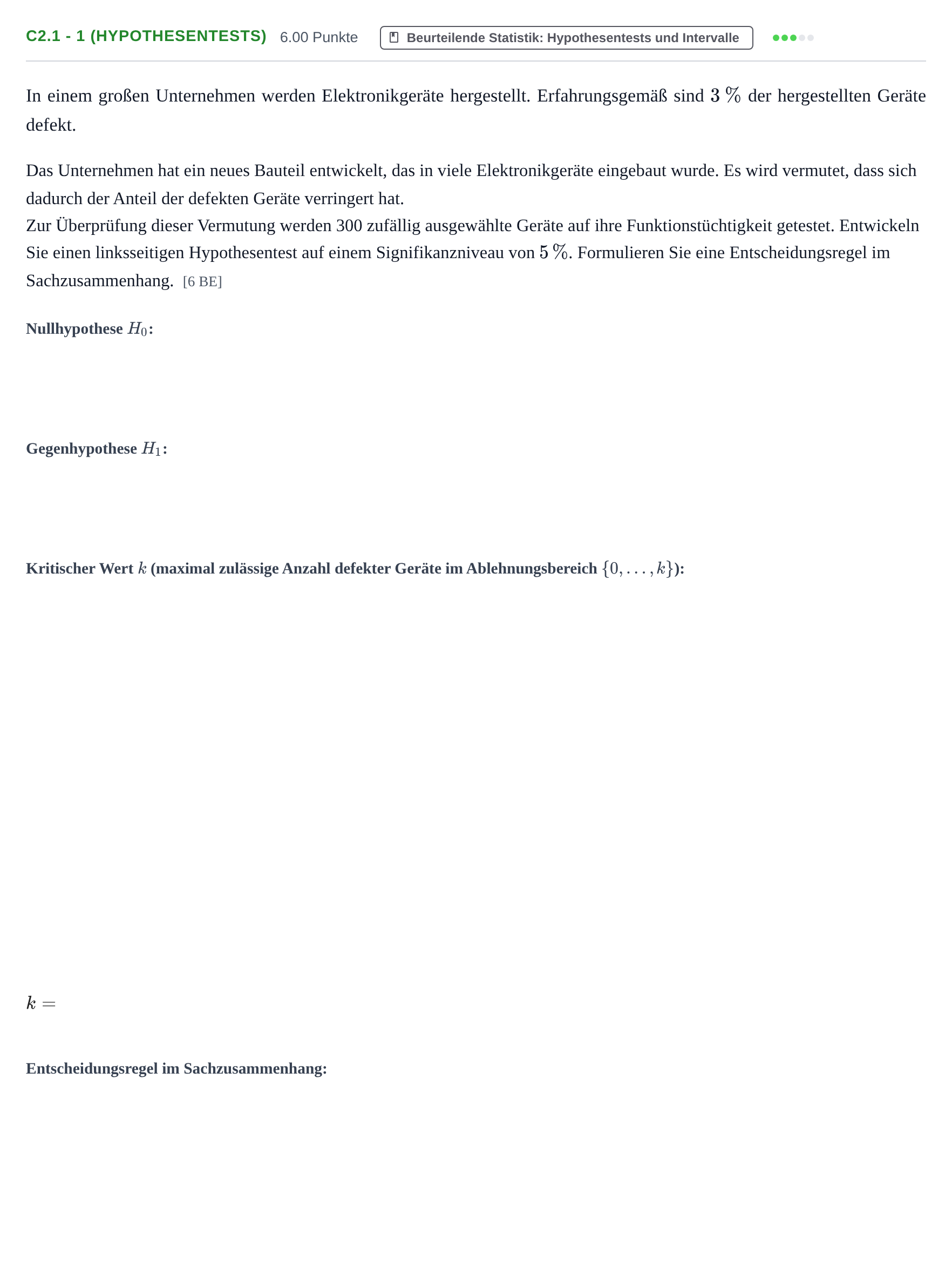 Aufgabenstellung: Aufgabe C2.1 - 1 (Hypothesentests) · Abitur Hessen Mathematik GK · WTR 2021