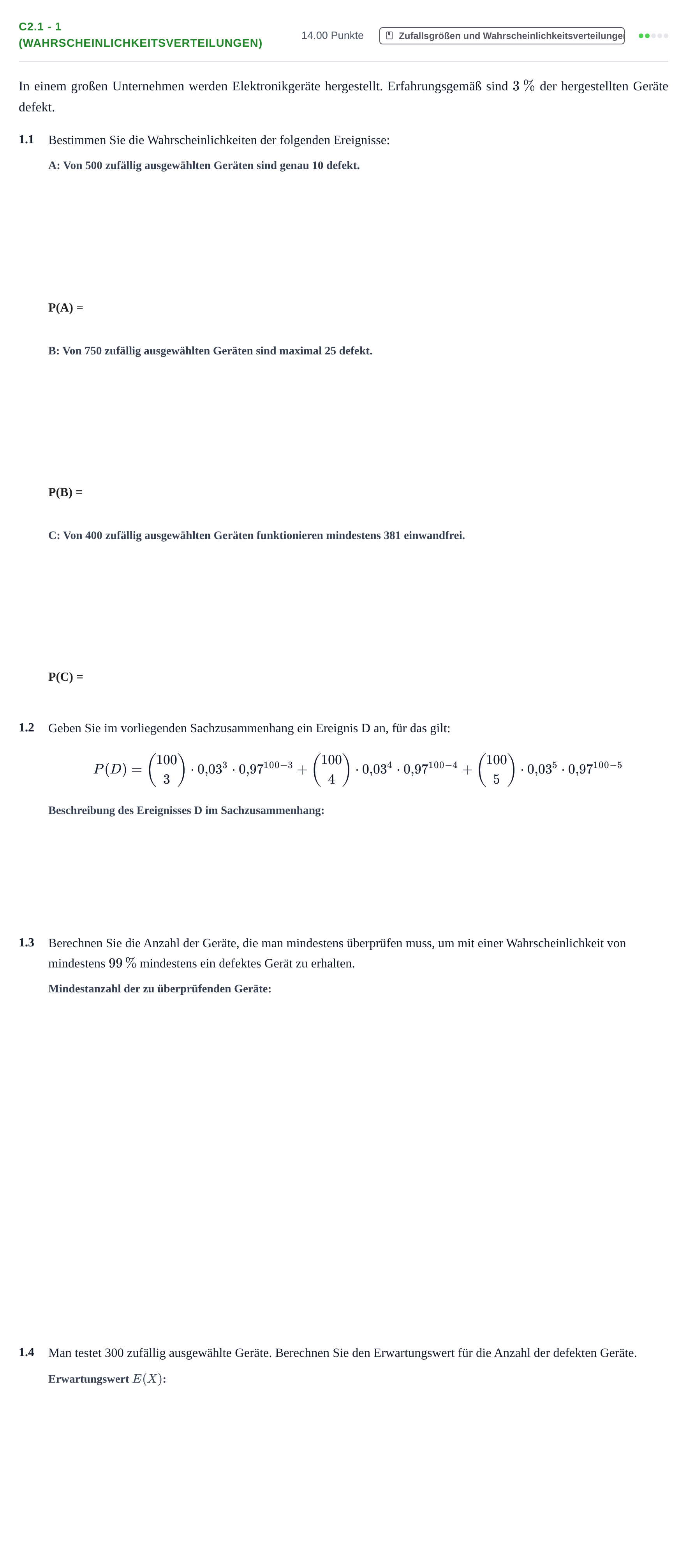 Aufgabenstellung: Aufgabe C2.1 - 1 (Wahrscheinlichkeitsverteilungen) · Abitur Hessen Mathematik GK · WTR 2021