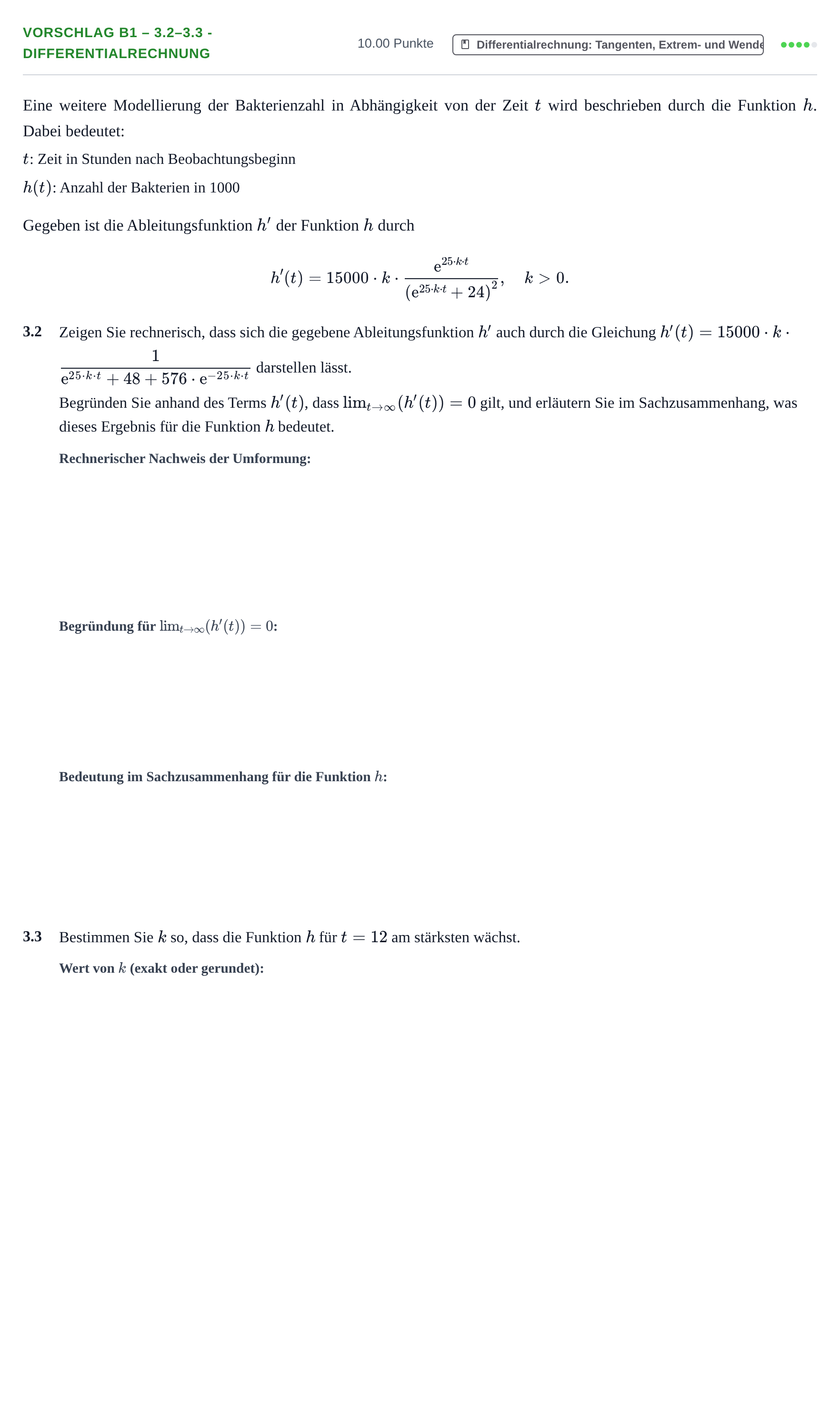 Aufgabenstellung: Aufgabe Vorschlag B1 – 3.2–3.3 - Differentialrechnung · Abitur Hessen Mathematik LK · CAS 2021