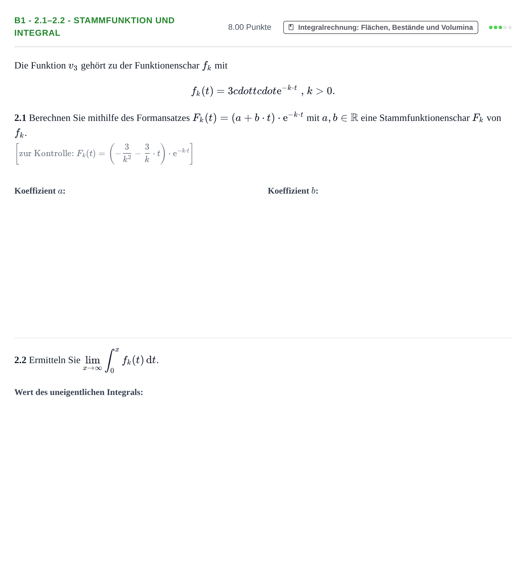 Aufgabenstellung: Aufgabe B1 - 2.1–2.2 - Stammfunktion und Integral · Abitur Hessen Mathematik LK · WTR 2021